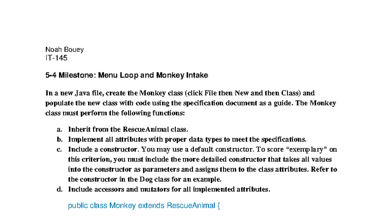 5-4 Milestone: Java Menu Loop Implementation for Monkey Class