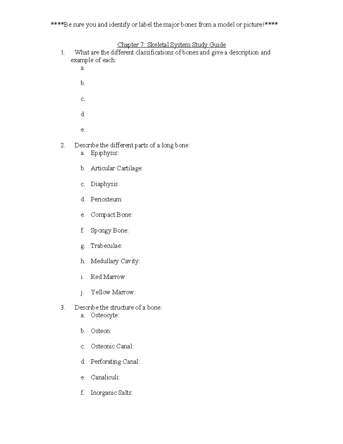 Chapter 7: Skeletal System Study Guide - Major Bone Classifications ...