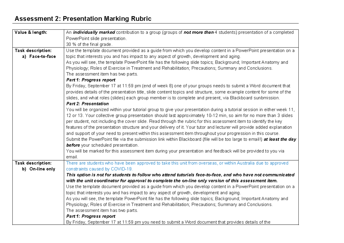 Assessment 2: Presentation Rubric & Guidelines for Students - Studocu
