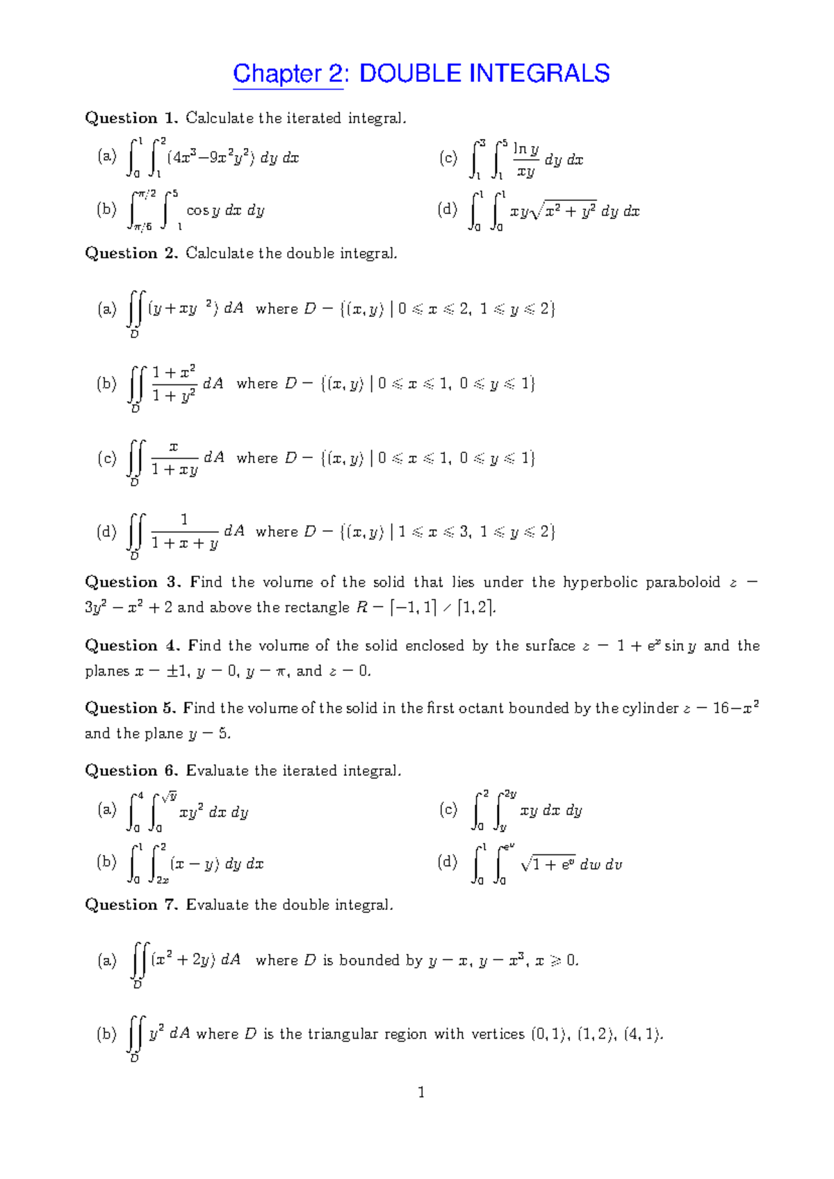 Ch02-DInt: Double Integrals Practice Questions and Solutions - Studocu