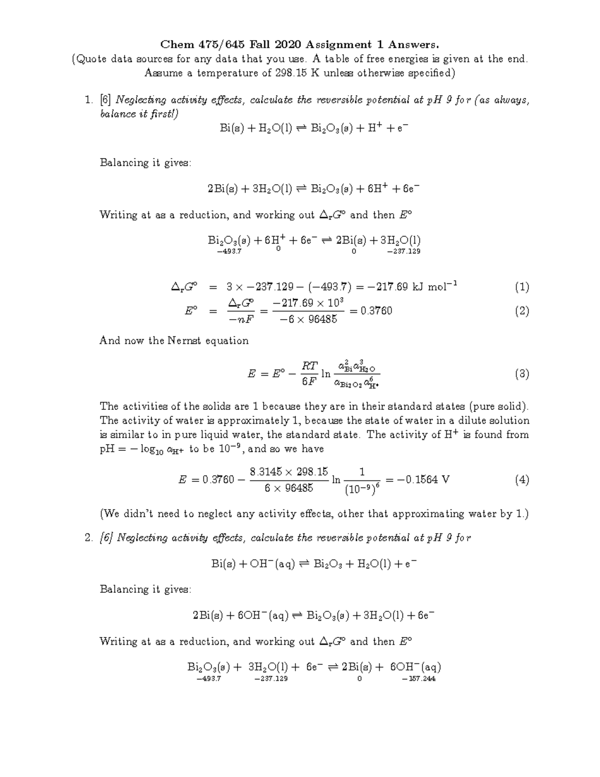 Assignments One - Chem 475/645 Fall 2020 Assignment 1 Answers. (Quote ...