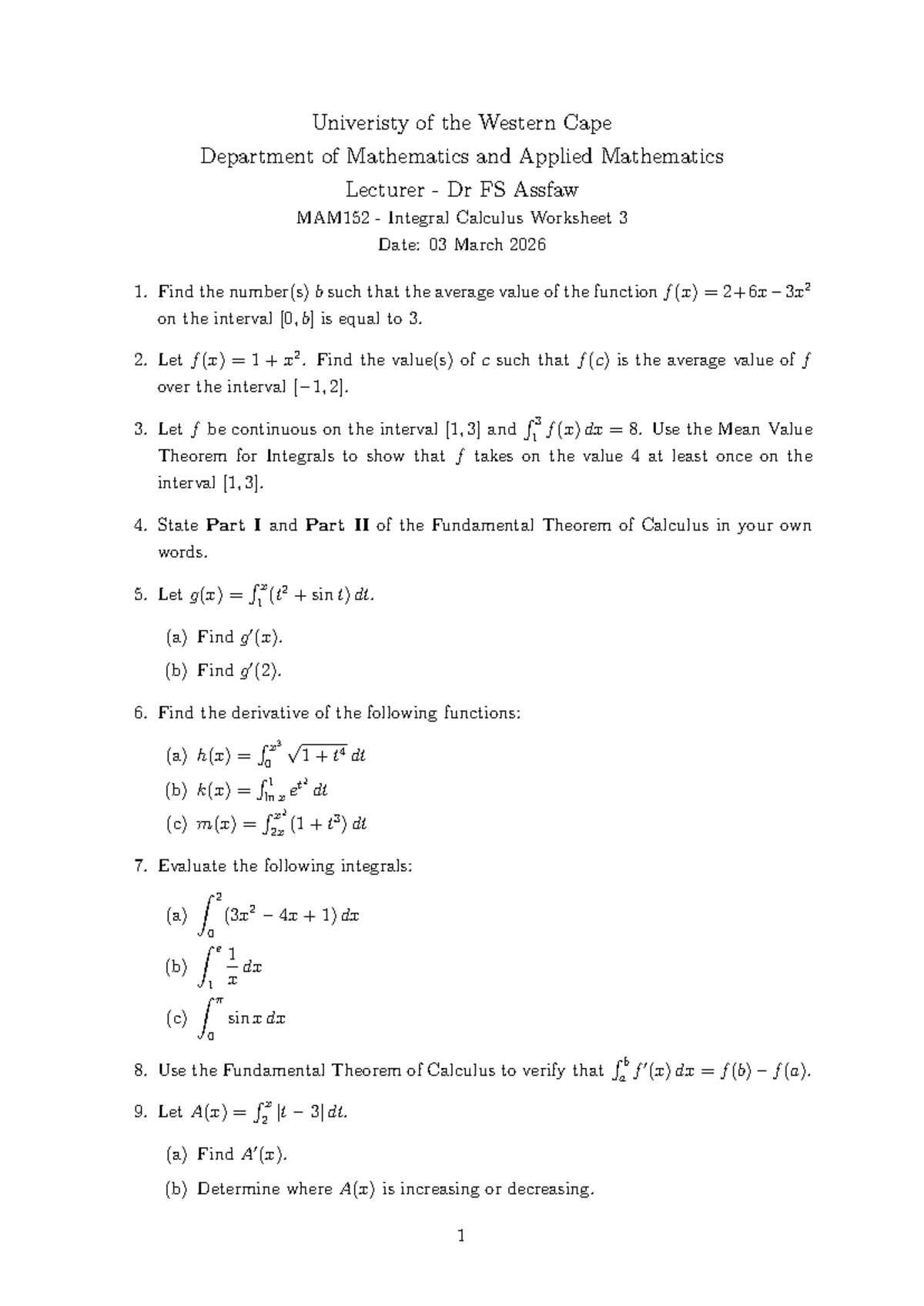 MAM152 Integral Calculus Worksheet 3 - Average Value & Theorems - Studocu