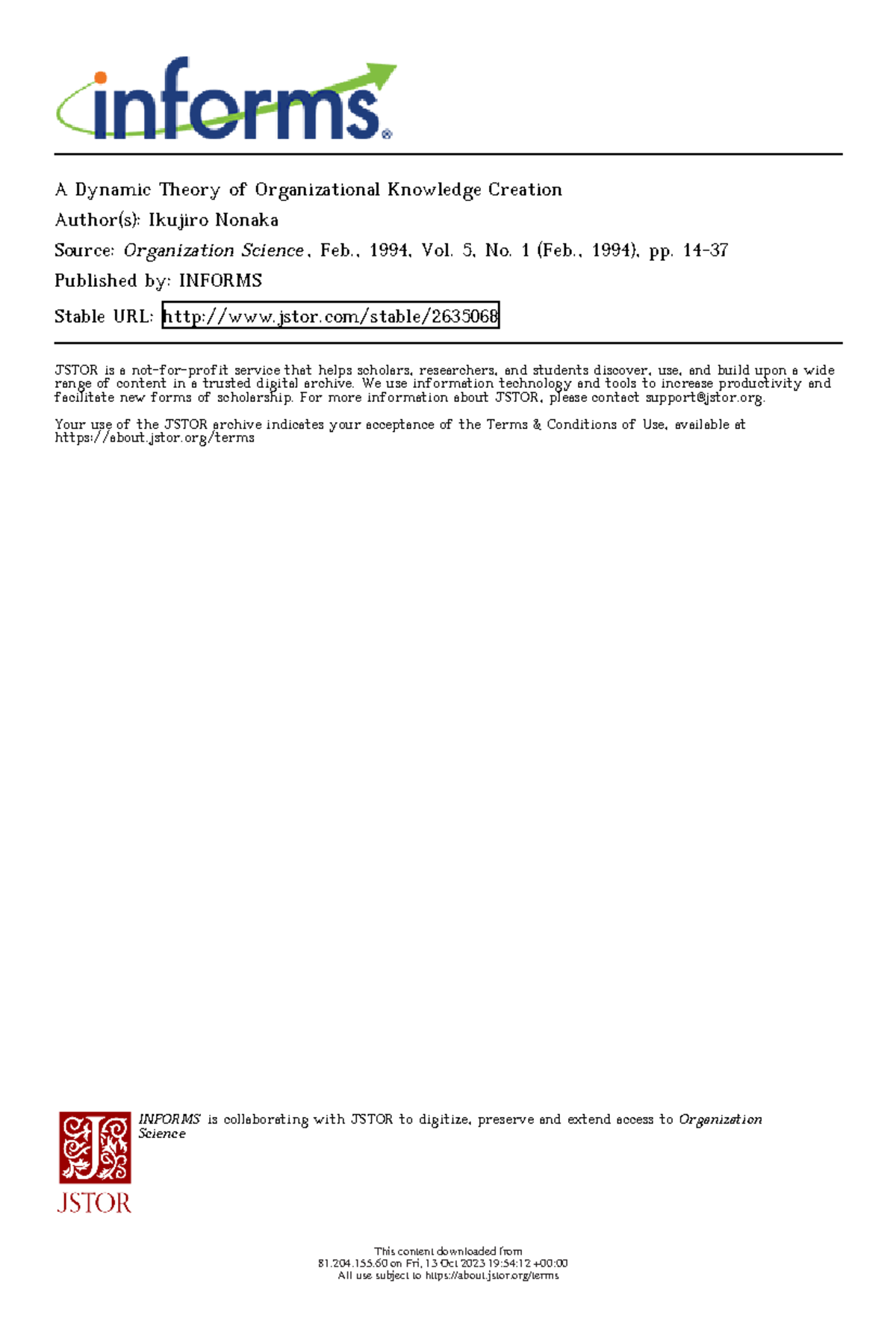 Dynamic Theory of Organizational Knowledge Creation - Nonaka 1994 ...