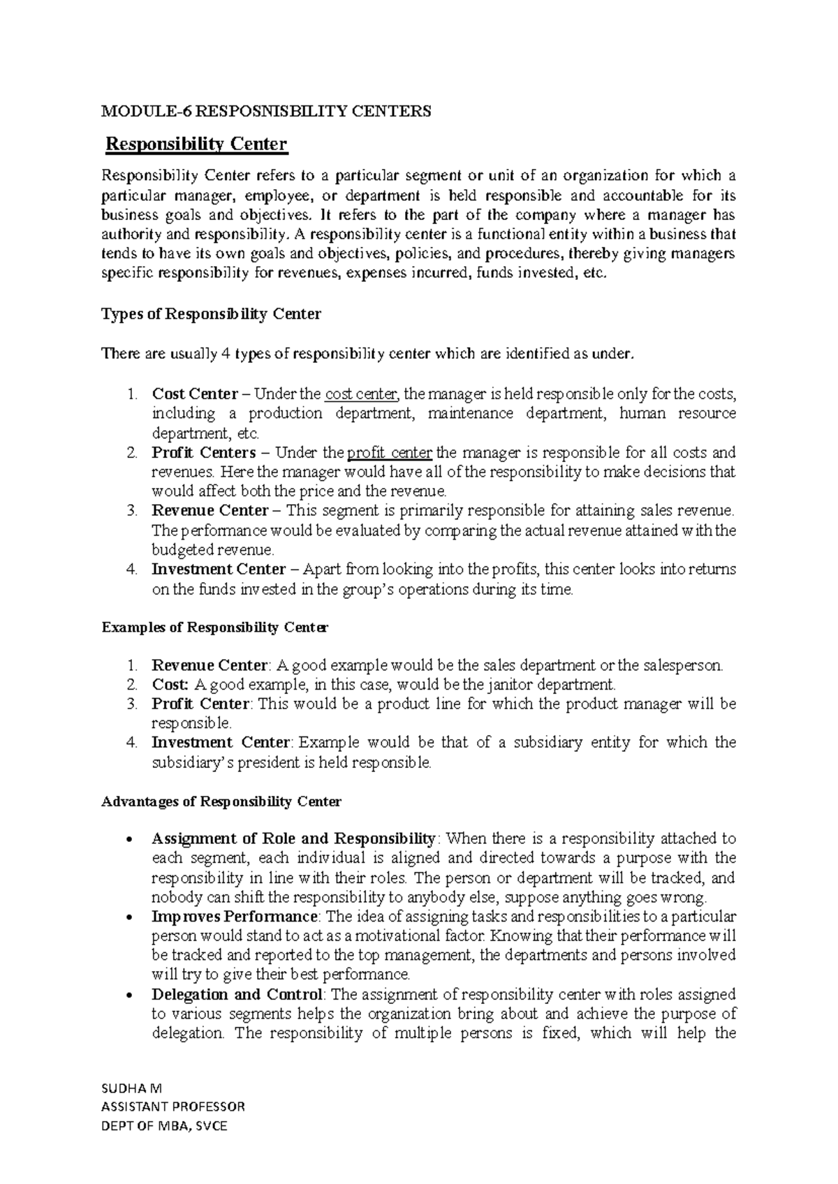 Module 6: Understanding Responsibility Centers in Management - Studocu