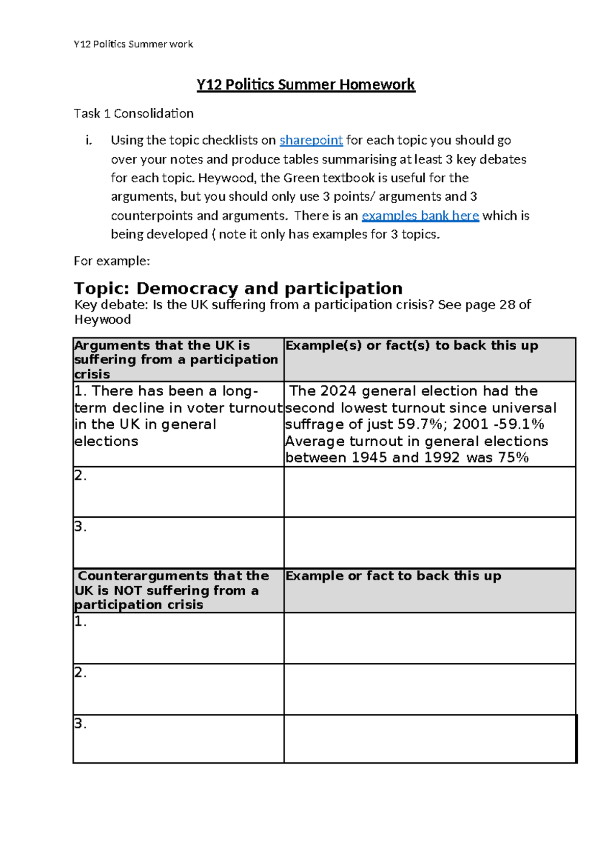 Y12 Politics Summer Homework: Key Debates Summary 2025 - Studocu
