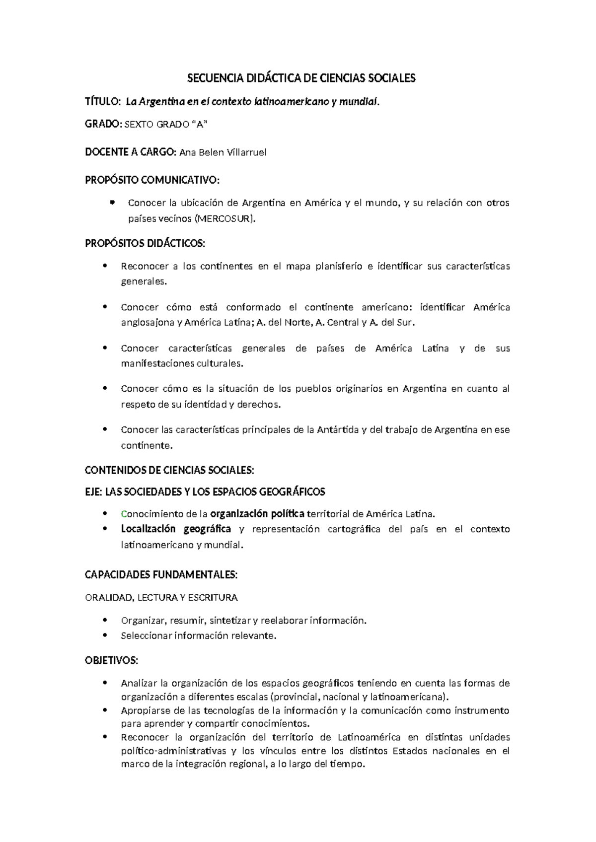 Secuencia Didáctica: La Argentina en el Contexto Latinoamericano y Mundial (6to - Document Preview