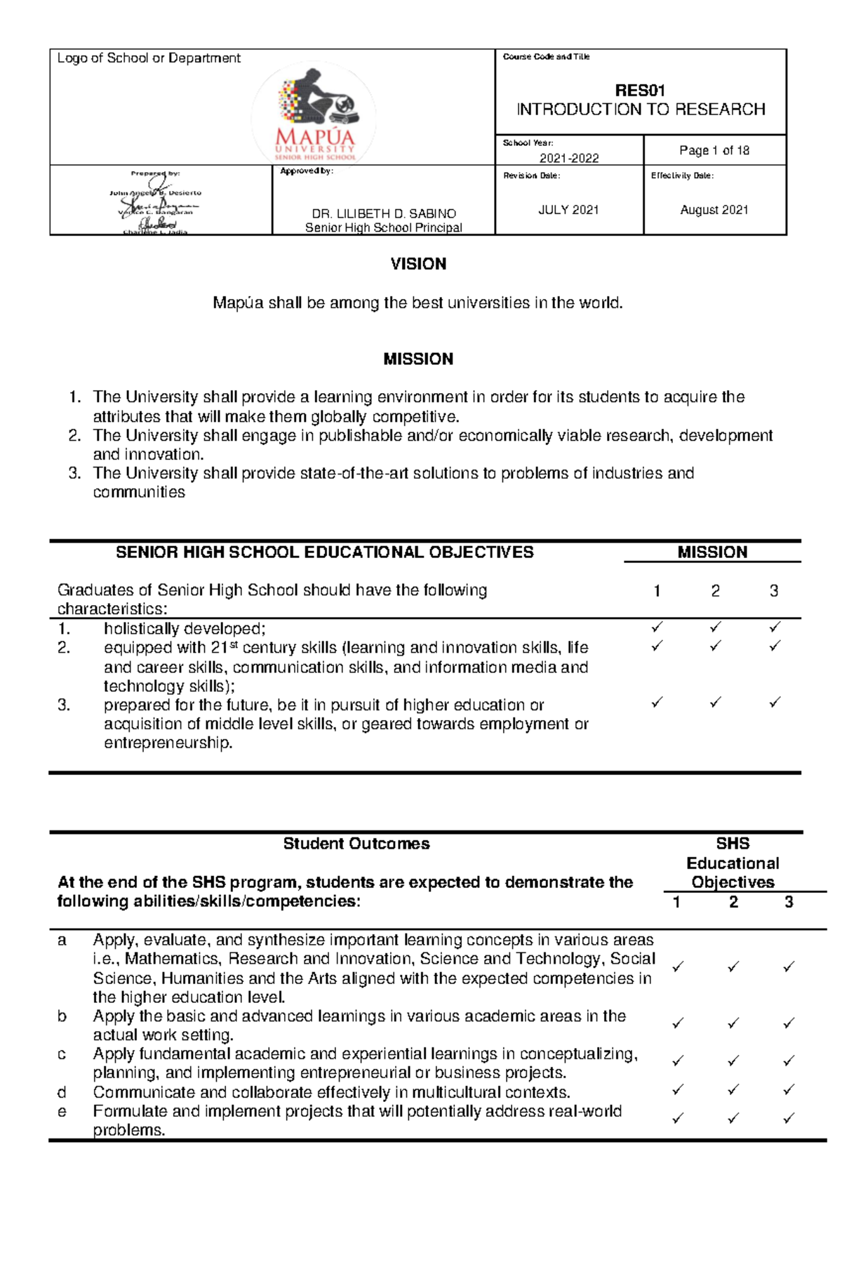 RES01 Syllabus: Introduction to Research Course Overview and Objectives ...