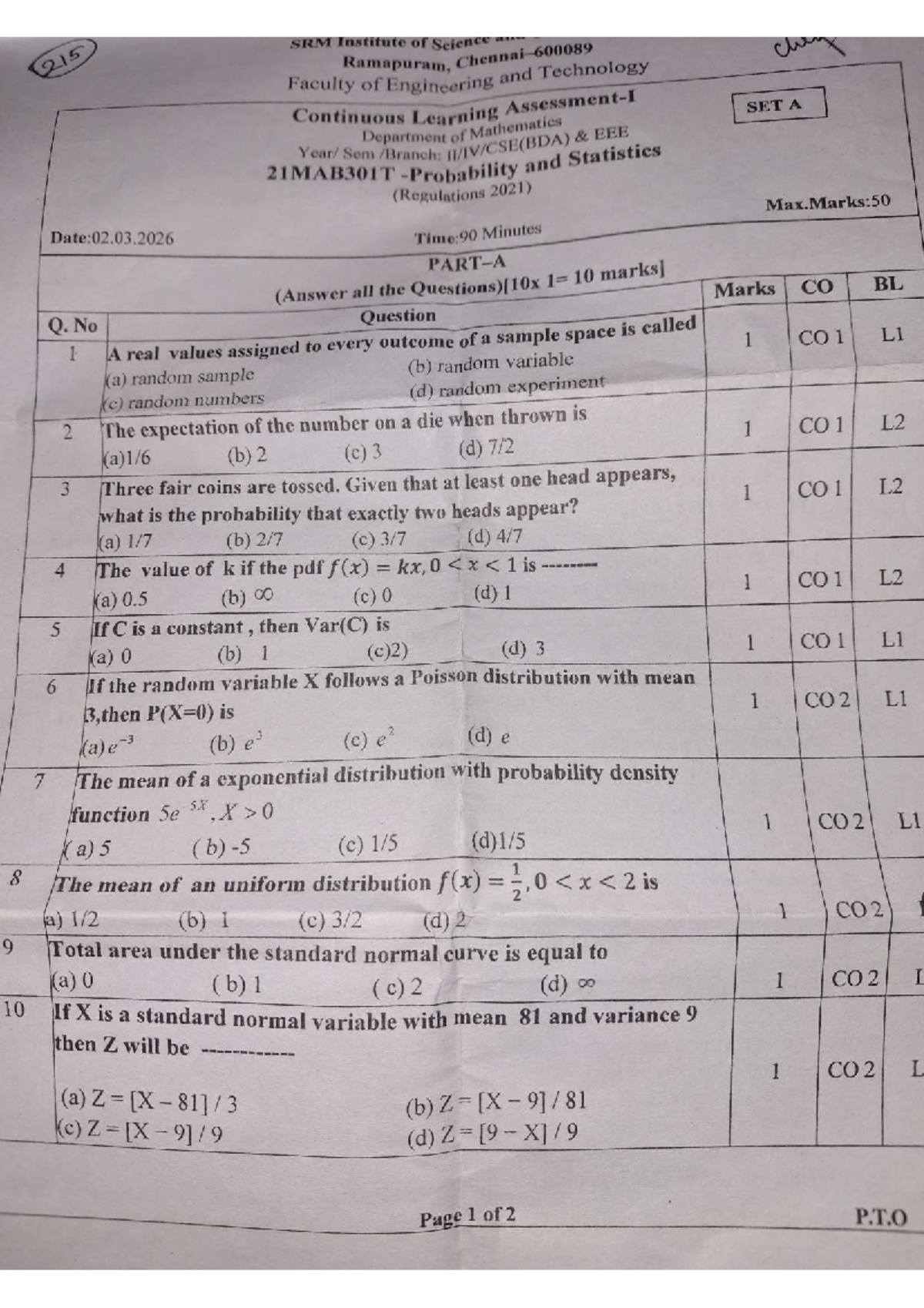 21MAB301T CLA-1 Probability & Statistics Question Paper - Studocu