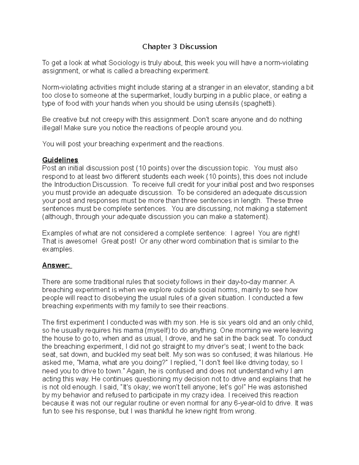 Sociology Breaching Experiments: Chapter 3 Discussion Insights - Studocu