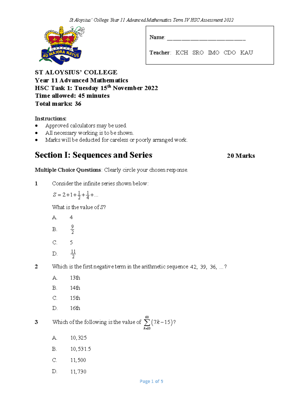 St College Year 11 Advanced Mathematics Term IV HSC Past Paper 2022 ...