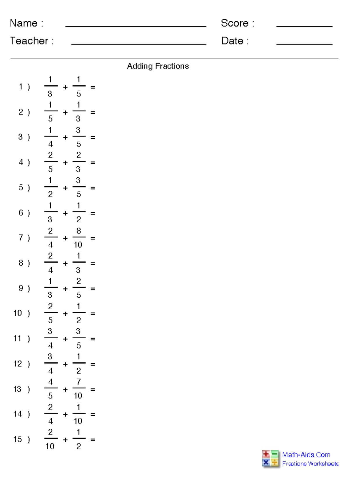 Adding Fractions Worksheet - Practice Problems - Studocu