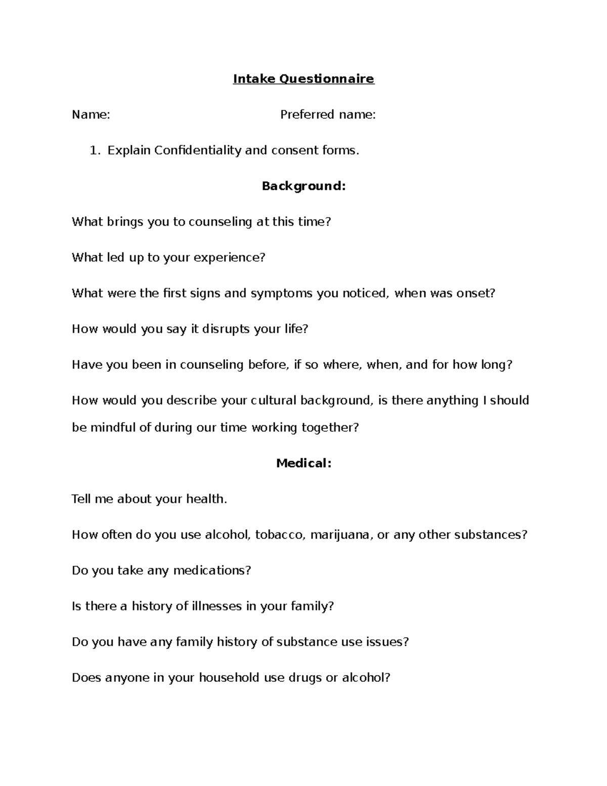 Intake Questionnaire: Counseling Client Assessment Form - Studocu