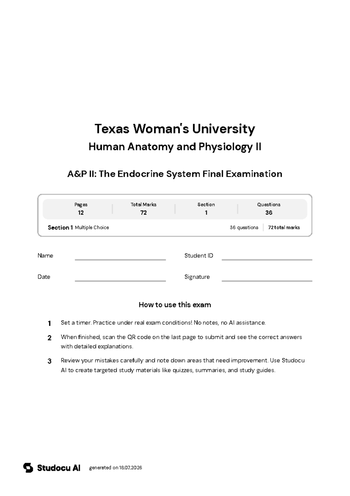 A&P II: Endocrine System Final Exam - Studocu