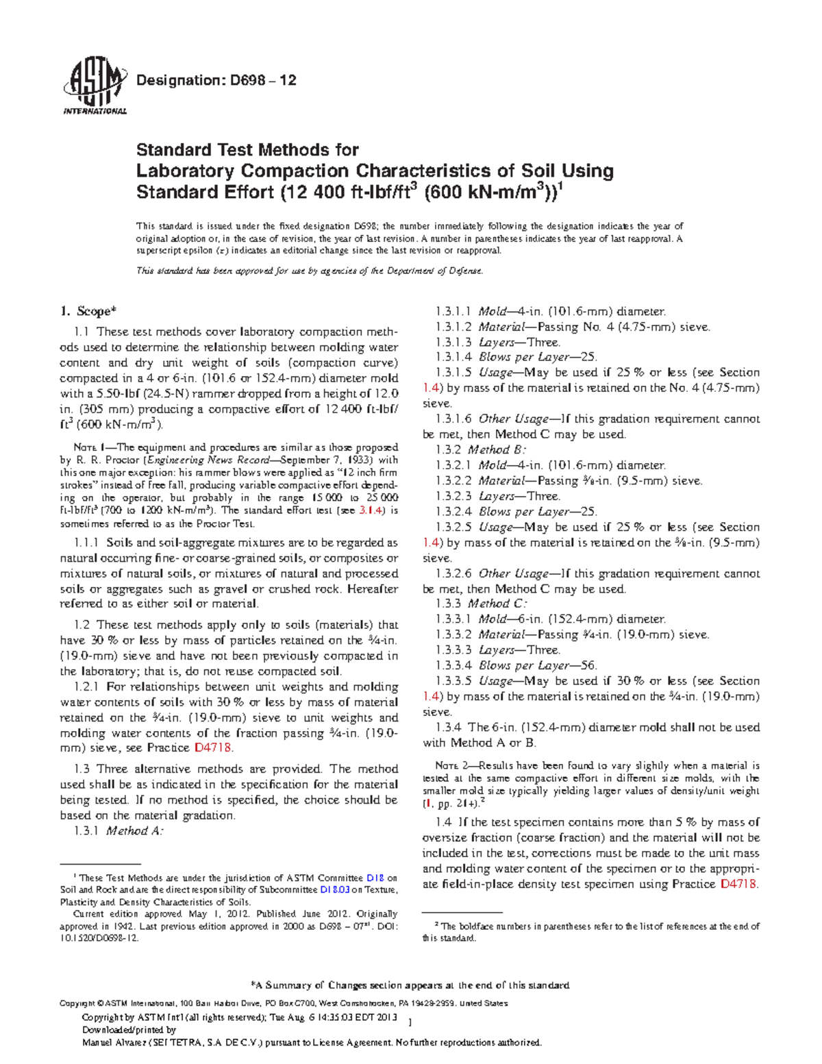 ASTM D698-12 Standard Test Methods for Soil Compaction Characteristics ...