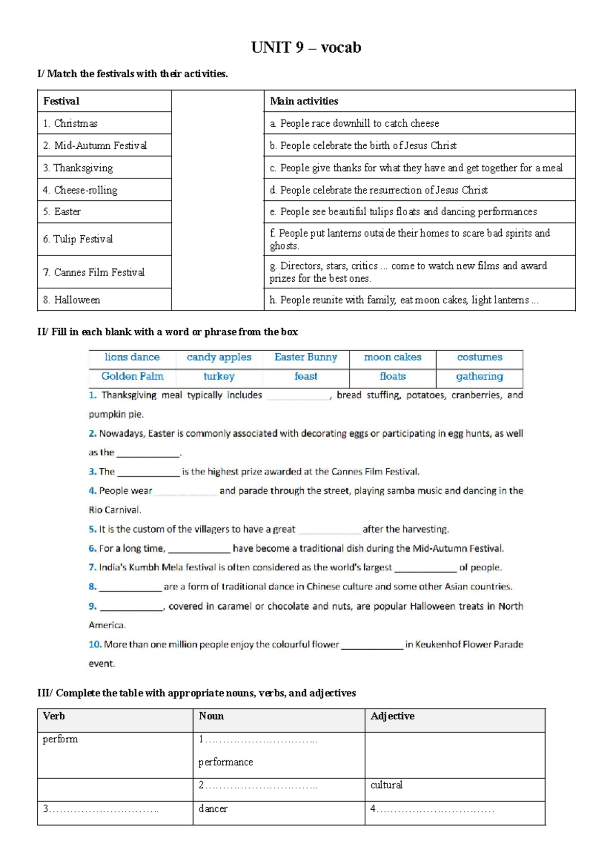UNIT 9 - Vocabulary Homework: Festivals and Activities Matching - Studocu