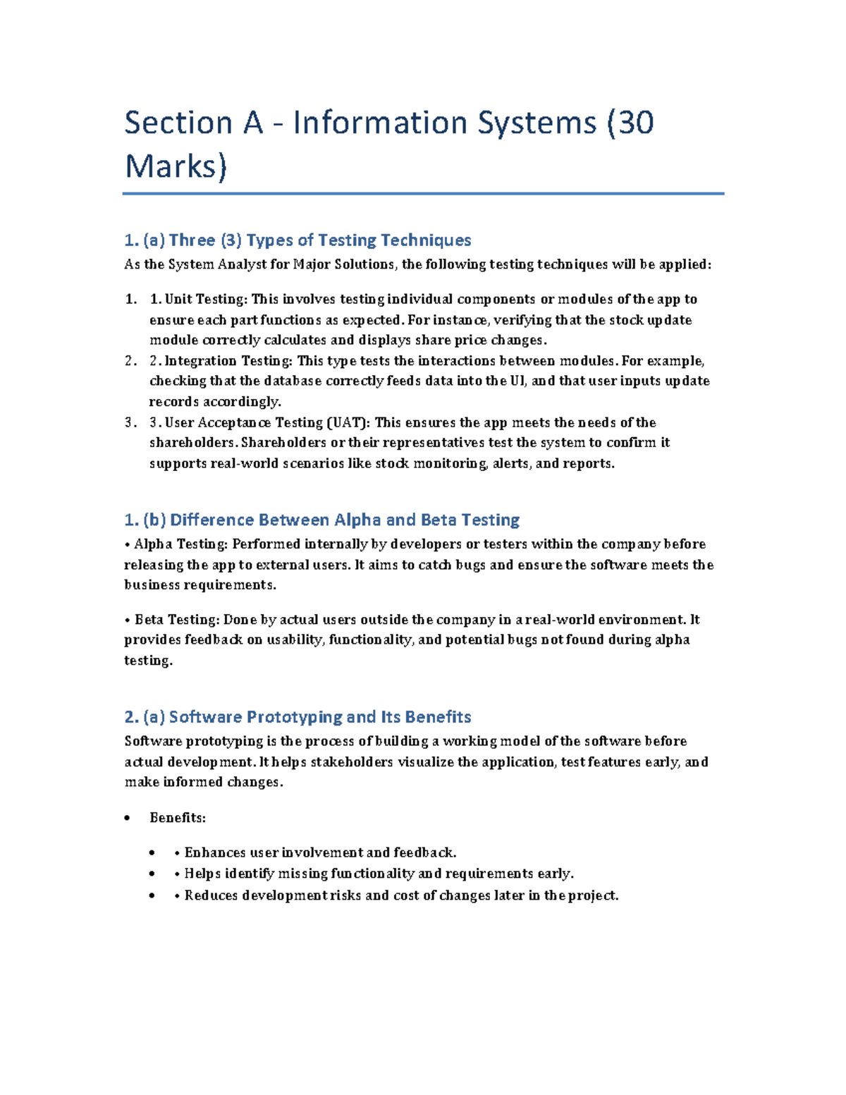 Section A Information Systems: Testing Techniques & Prototyping - Studocu