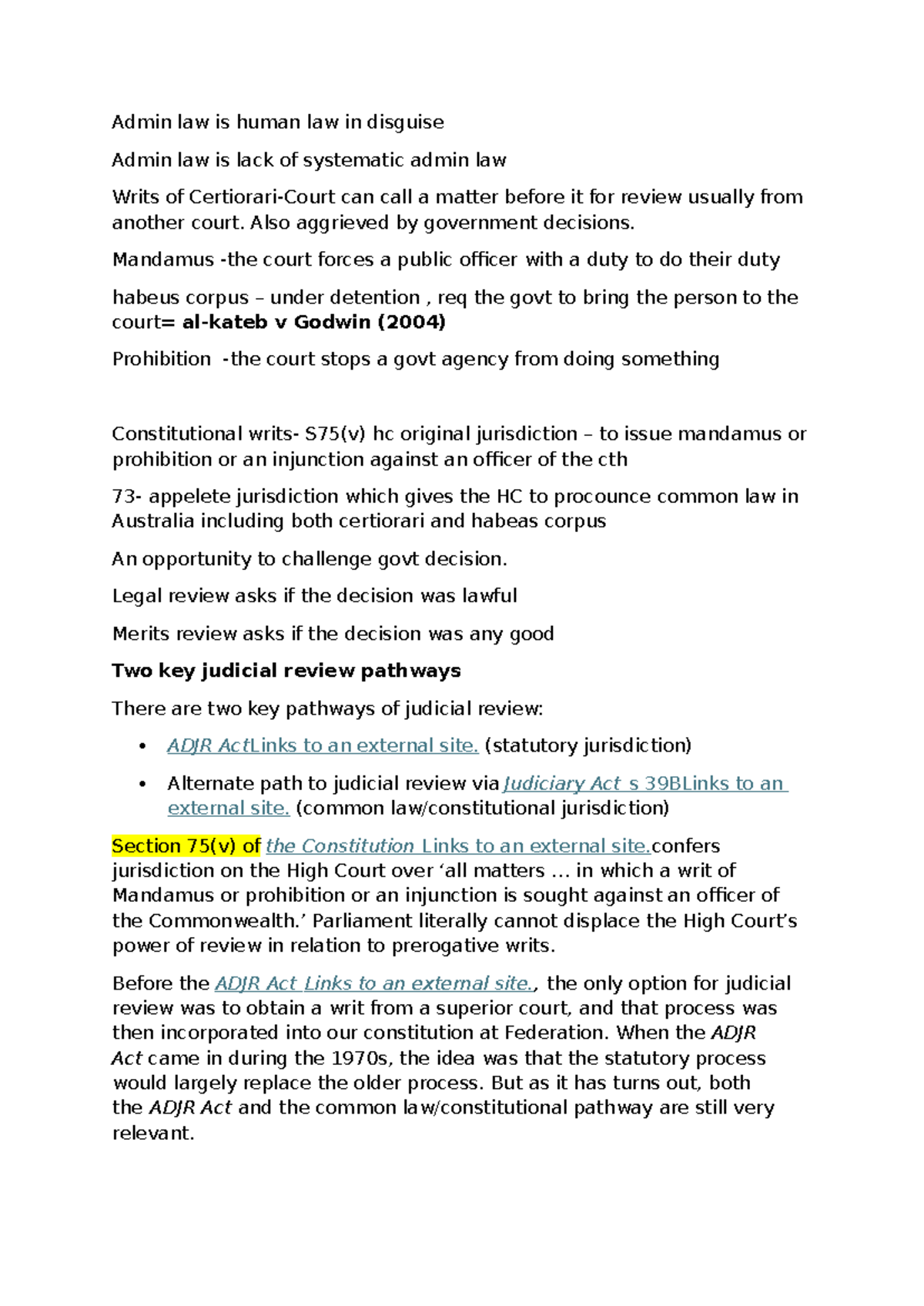 Admin Law Overview: Writs, Judicial Review & Key Pathways - Studocu