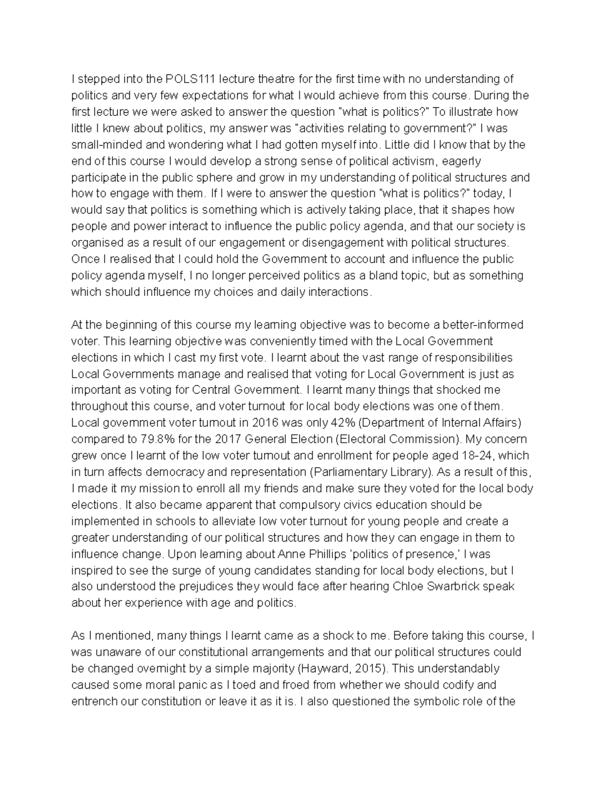 POLS111-Self Reflection on Political Engagement & Activism - Studocu