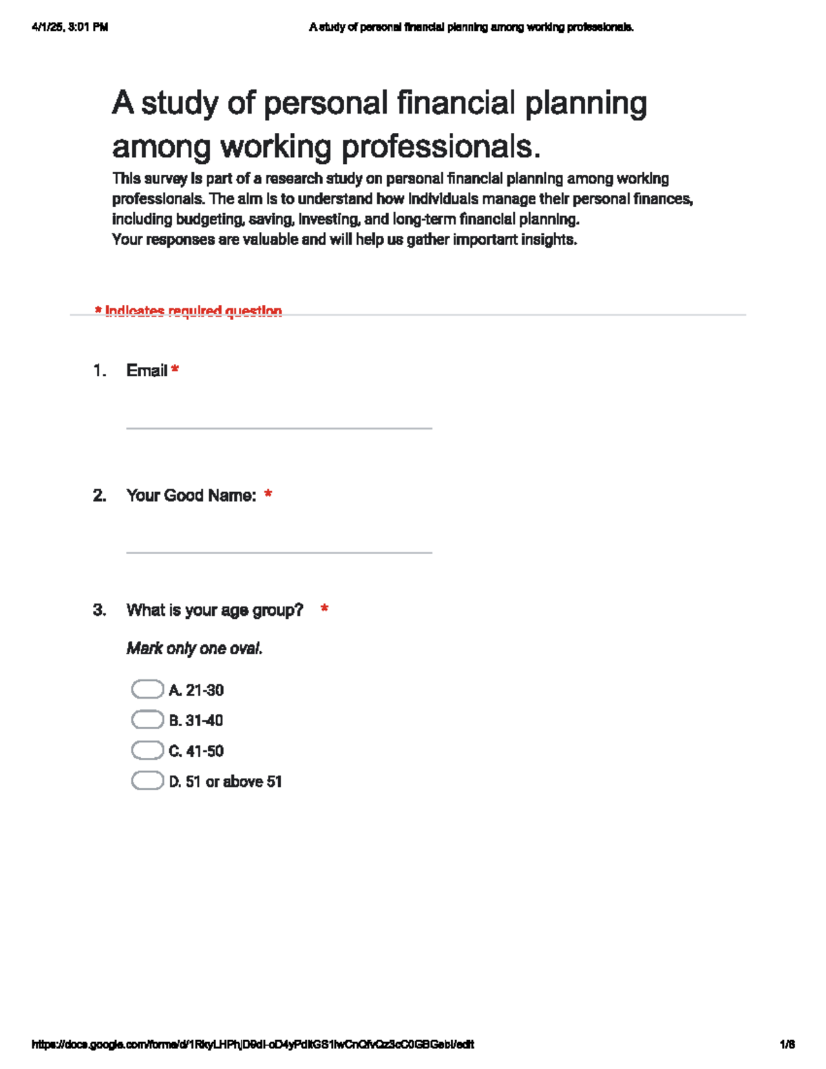 Questionnaire for survey on personal financial planning among working ...