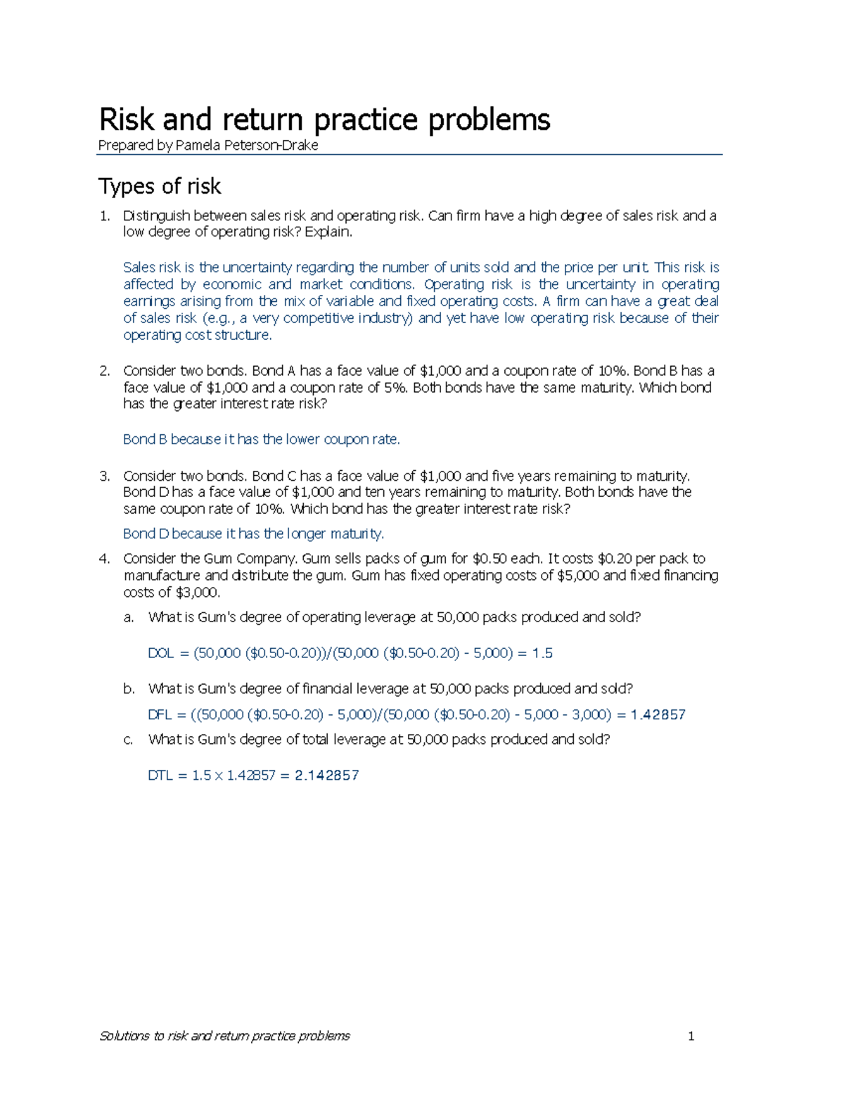 Rr problems solutions - financial management - Risk and return practice ...