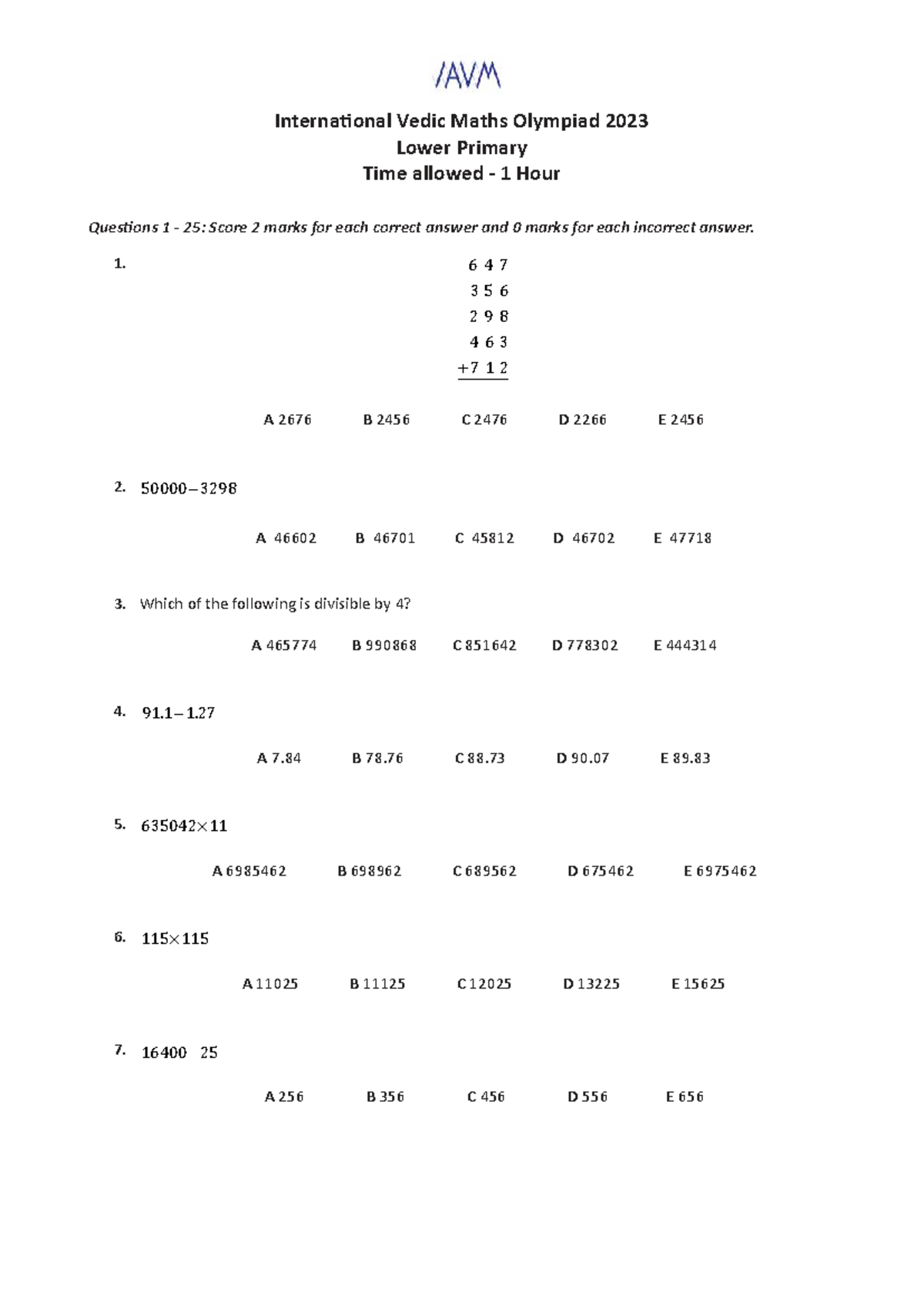 International Vedic Maths Olympiad 2023: Lower Primary Exam Questions ...