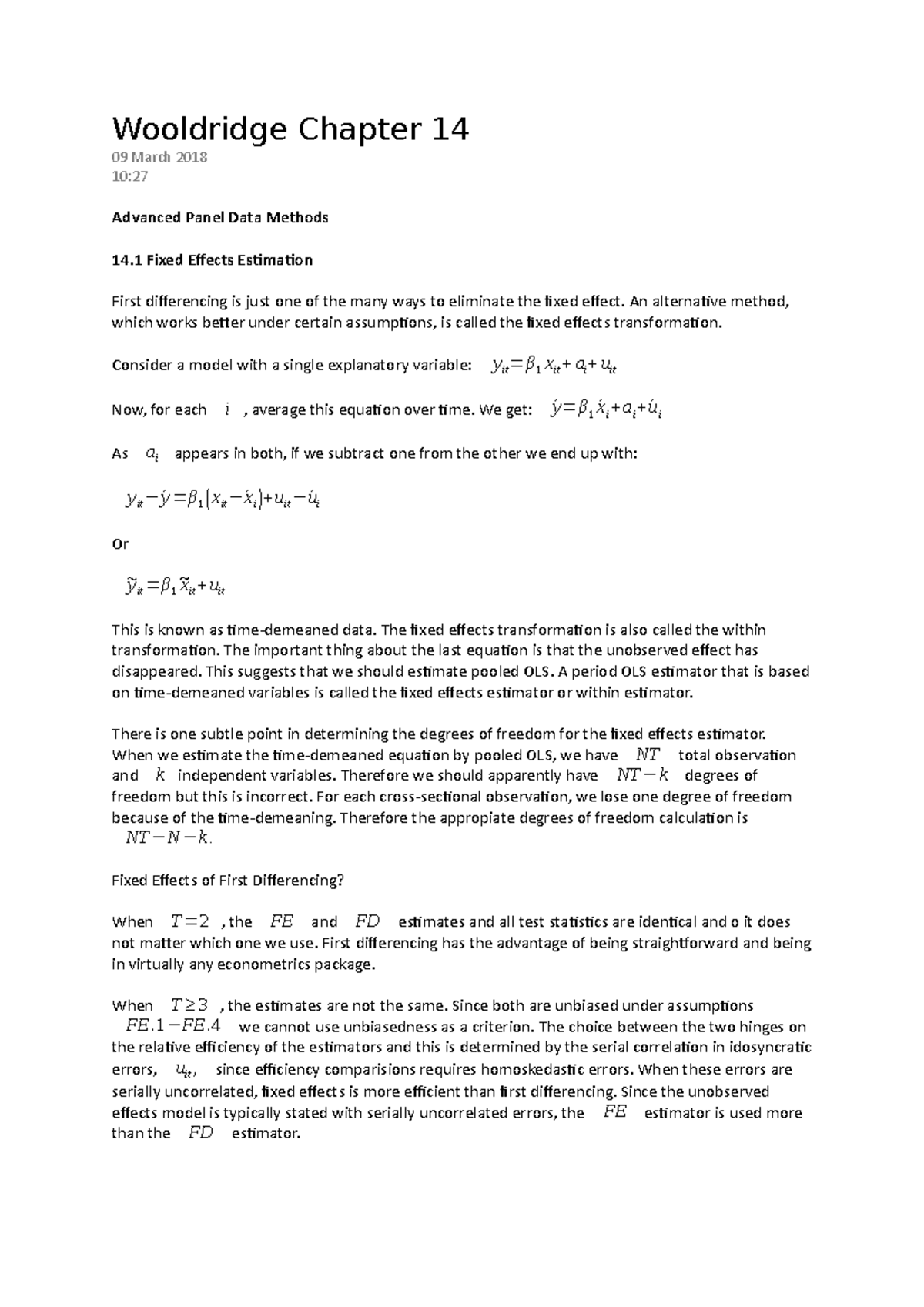 Wooldridge Chapter 14 - Advanced Panel Data Methods Overview - Studocu