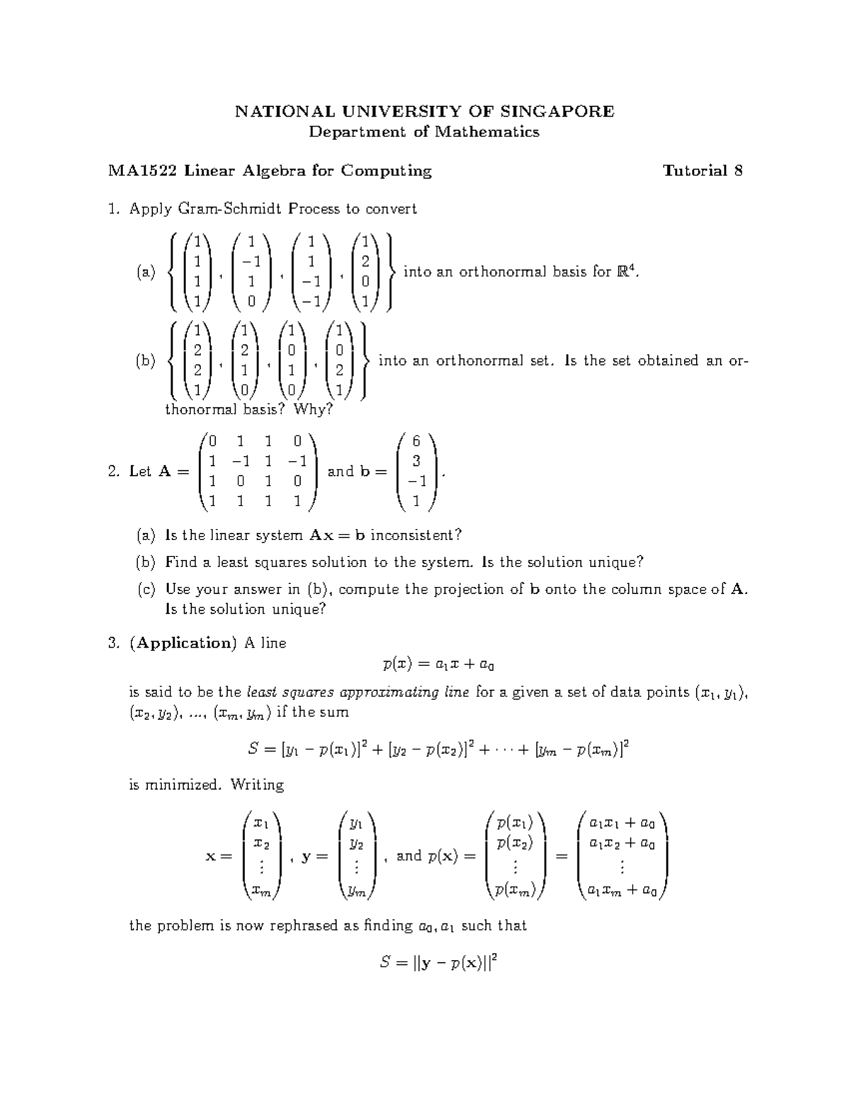 MA1522 Linear Algebra for Computing: Tutorial 8 Solutions and Problems ...