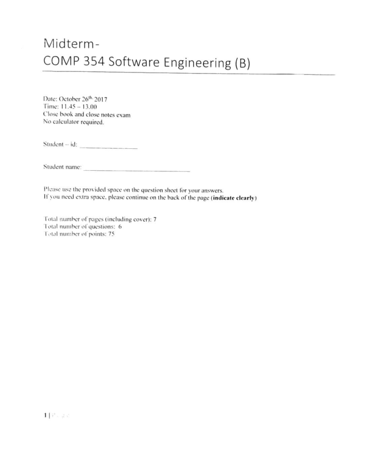 COMP 354 Fall 2017 Midterm Exam Practices in Software Engineering - Studocu