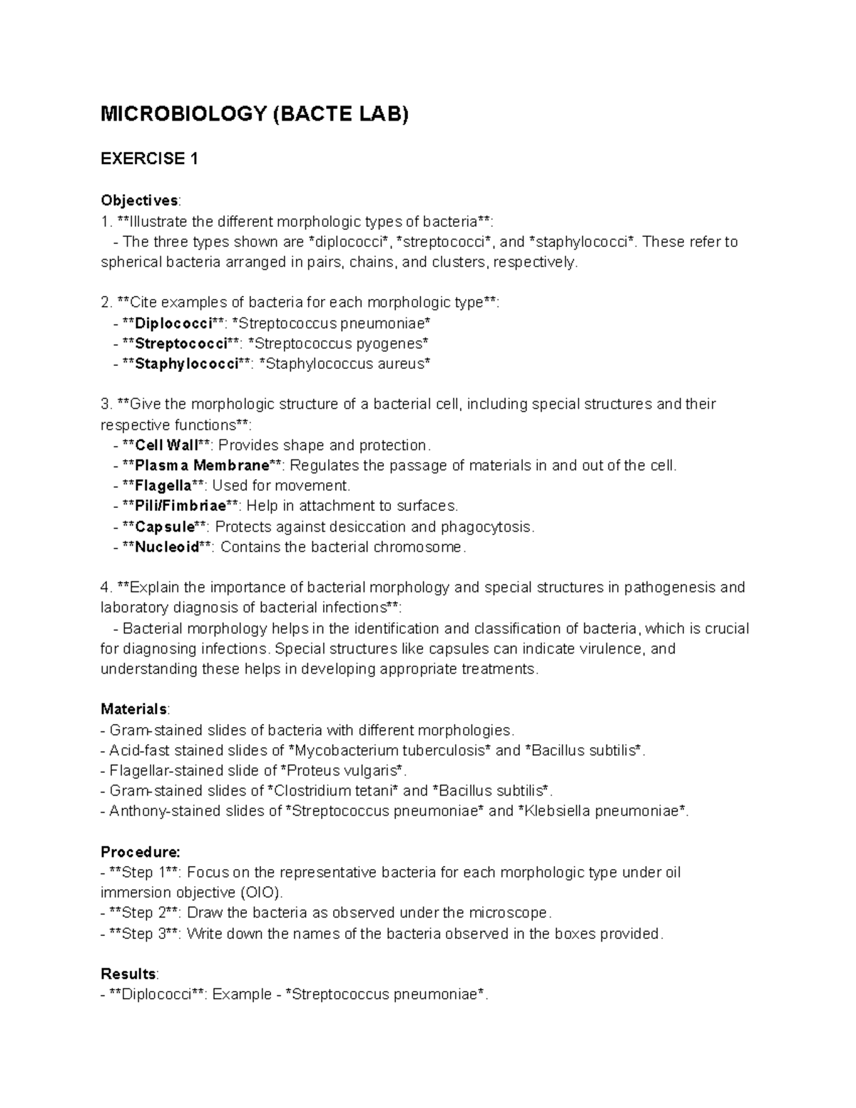 MICROBIOLOGY (BACTE LAB) EXERCISE 1 & 2: Bacterial Morphology and ...