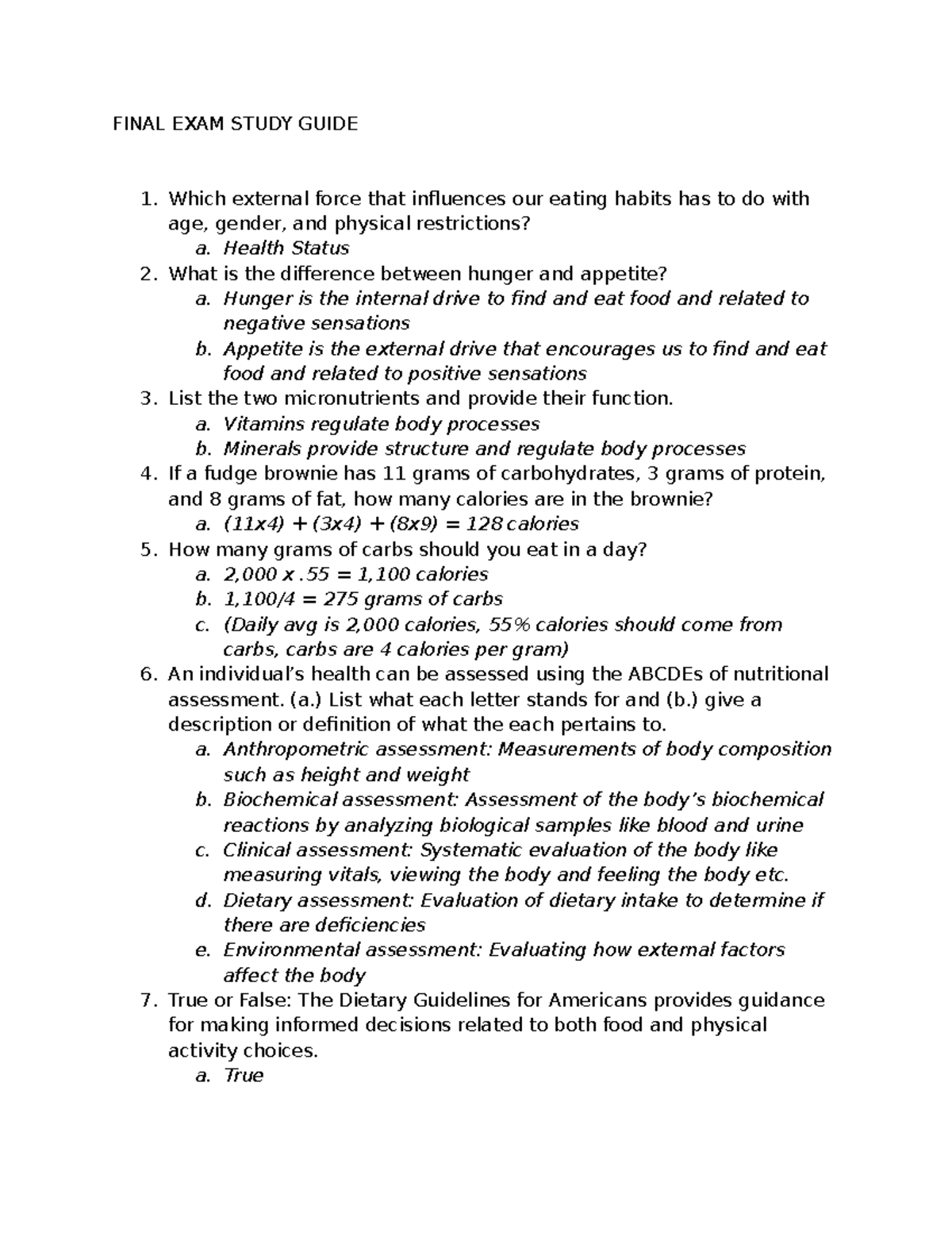 FINAL EXAM STUDY GUIDE: Nutrition Concepts and Assessments - Studocu