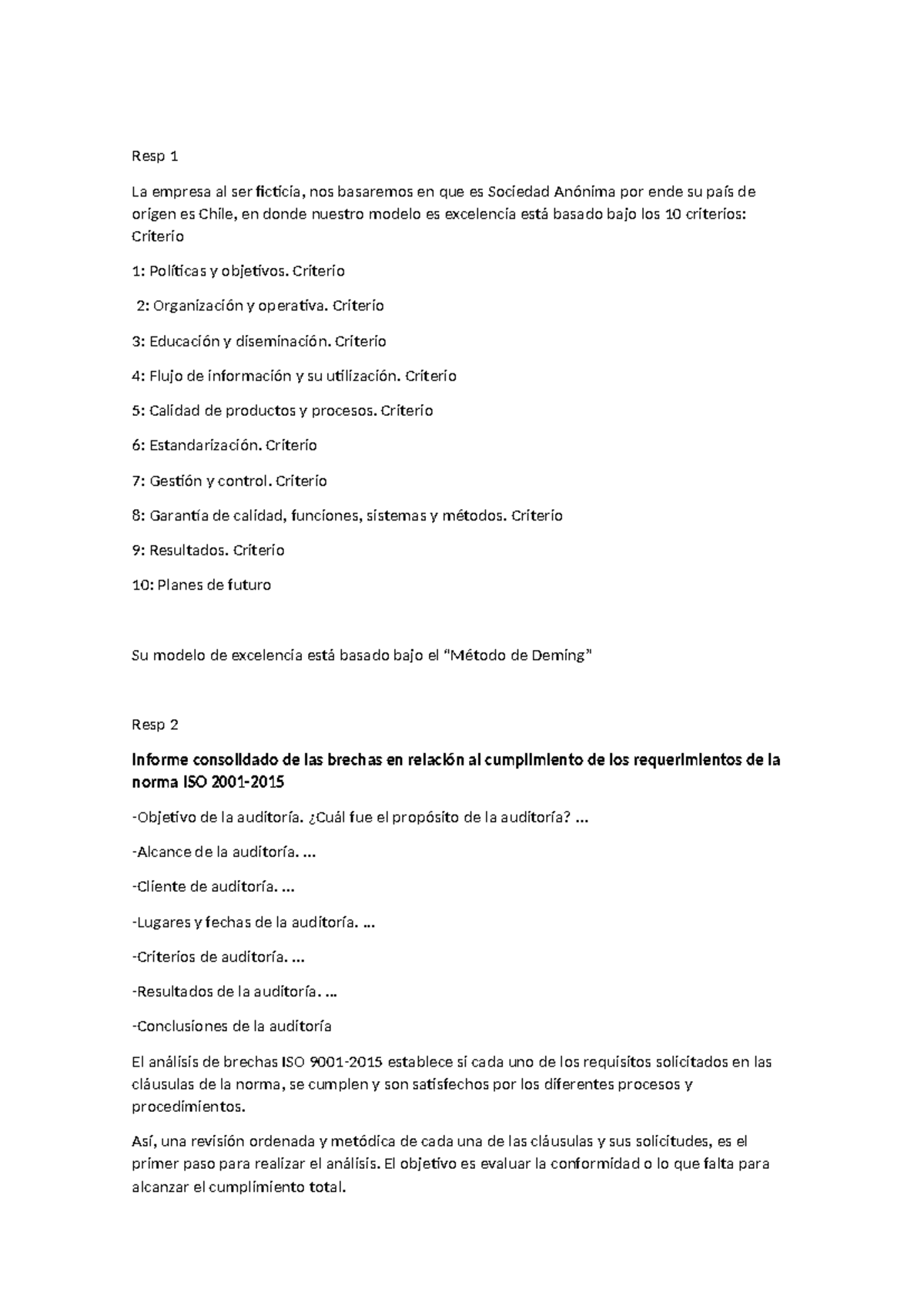 Resp 1 Prueba 2: Modelo de Excelencia y Análisis de Brechas ISO - Studocu