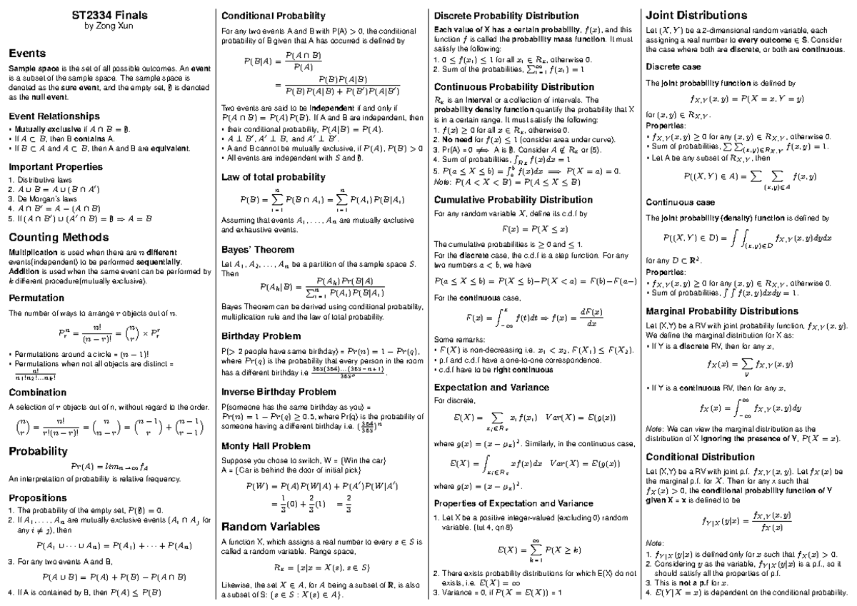 ST2334 Finals Cheat Sheet: Probability Concepts and Distributions - Studocu