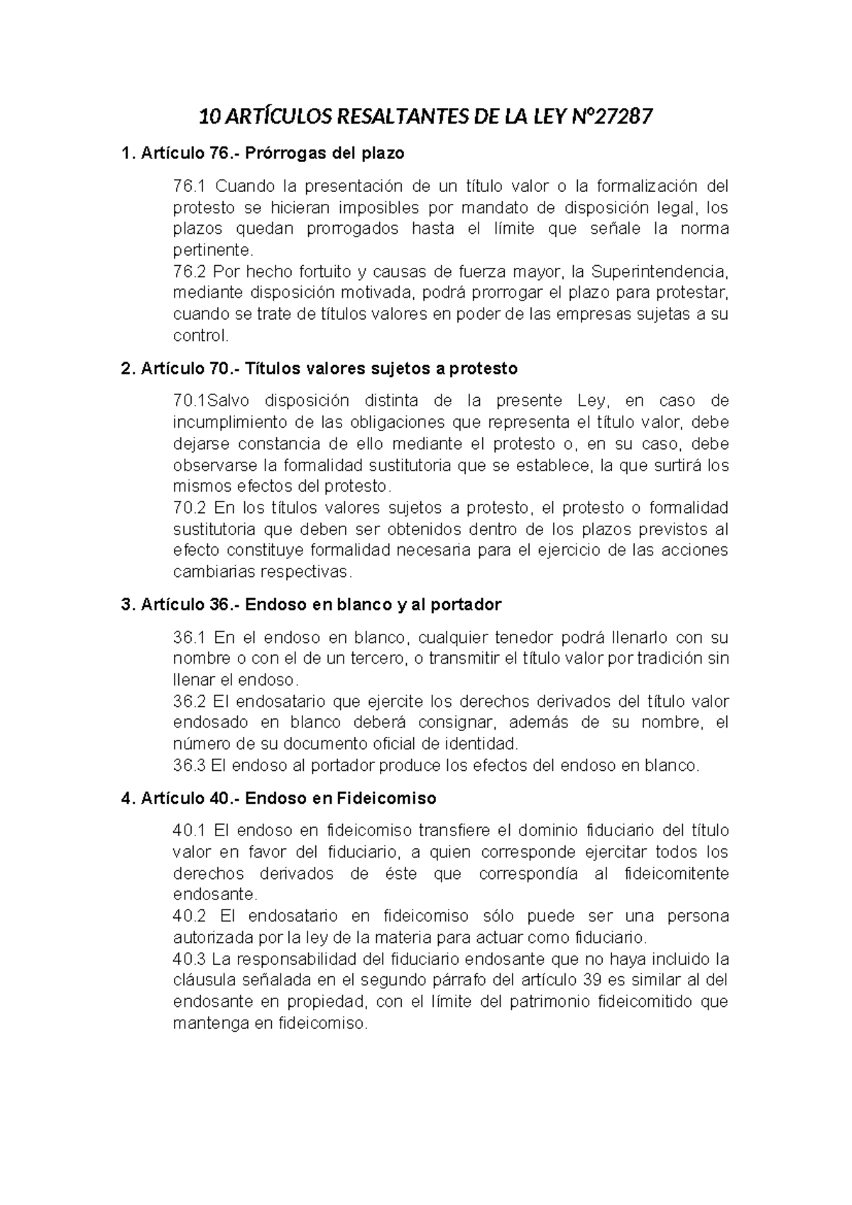Artículos Clave de la Ley Nro 27287 sobre Títulos Valores - Studocu
