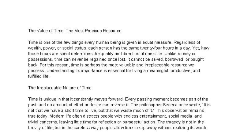 The Value of Time: Understanding Its Irreplaceable Nature - Studocu