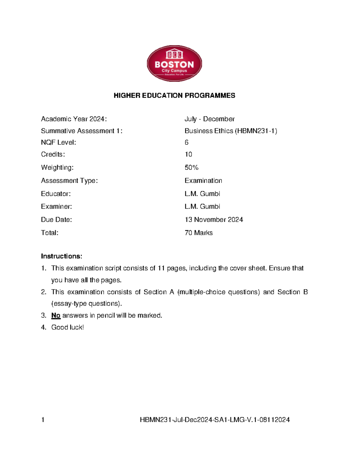 HBMN231 Jul-Dec 2024 Business Ethics SA1 Exam Question Paper - Studocu