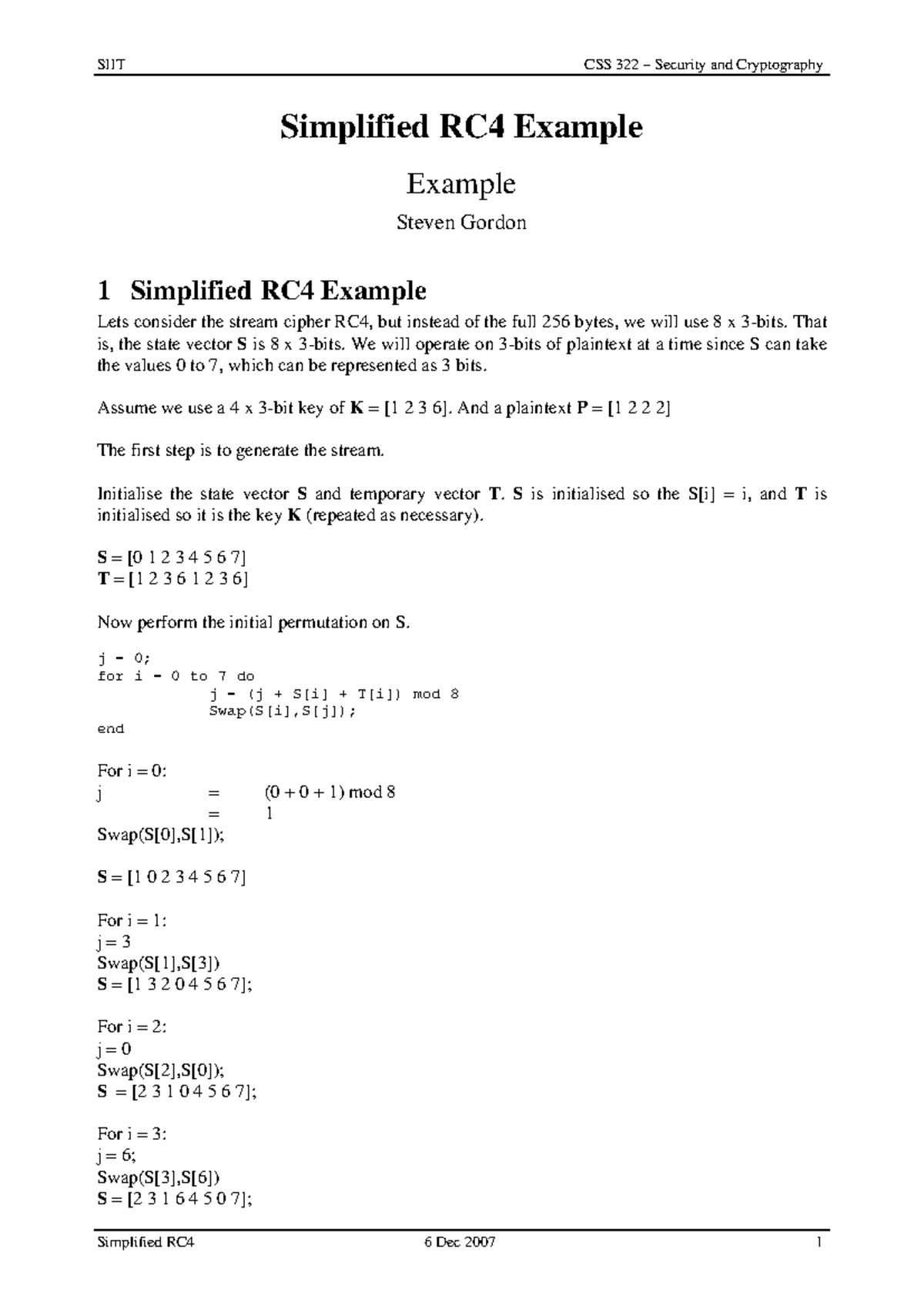 SIIT CSS 322 - Simplified Example of RC4 Stream Cipher - Studocu