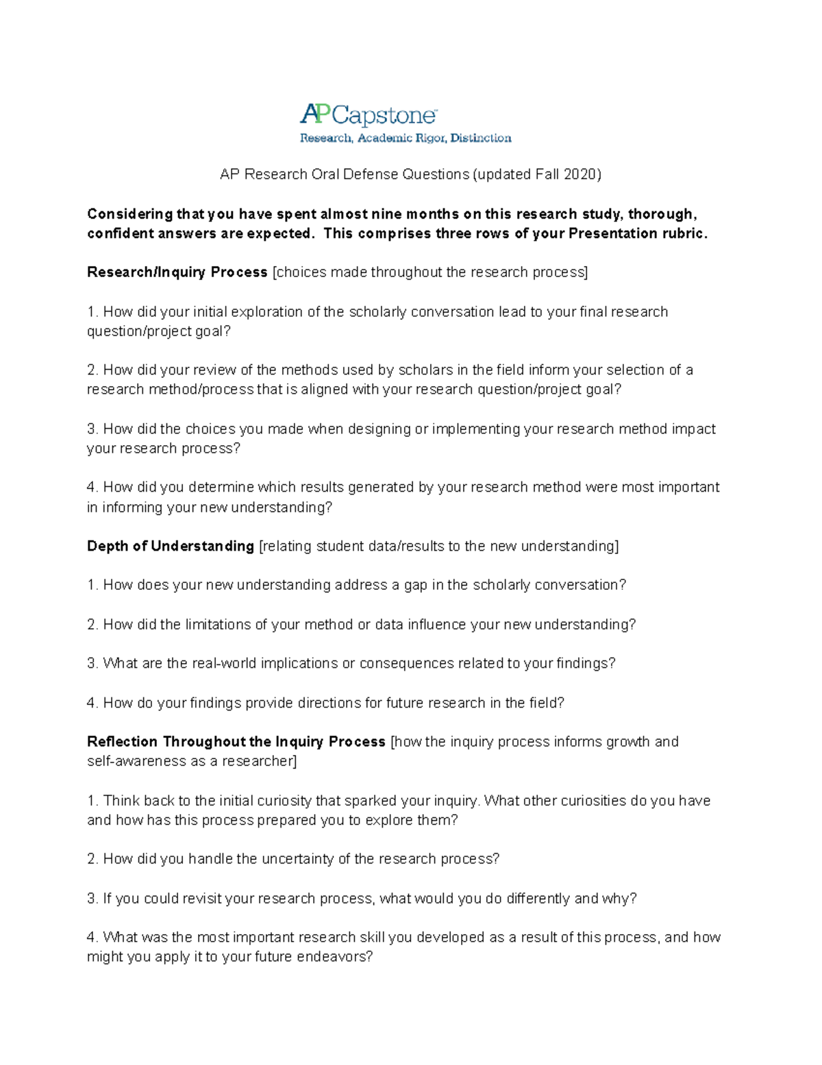 AP Research Oral Defense Questions Template (Fall 2020) - Studocu