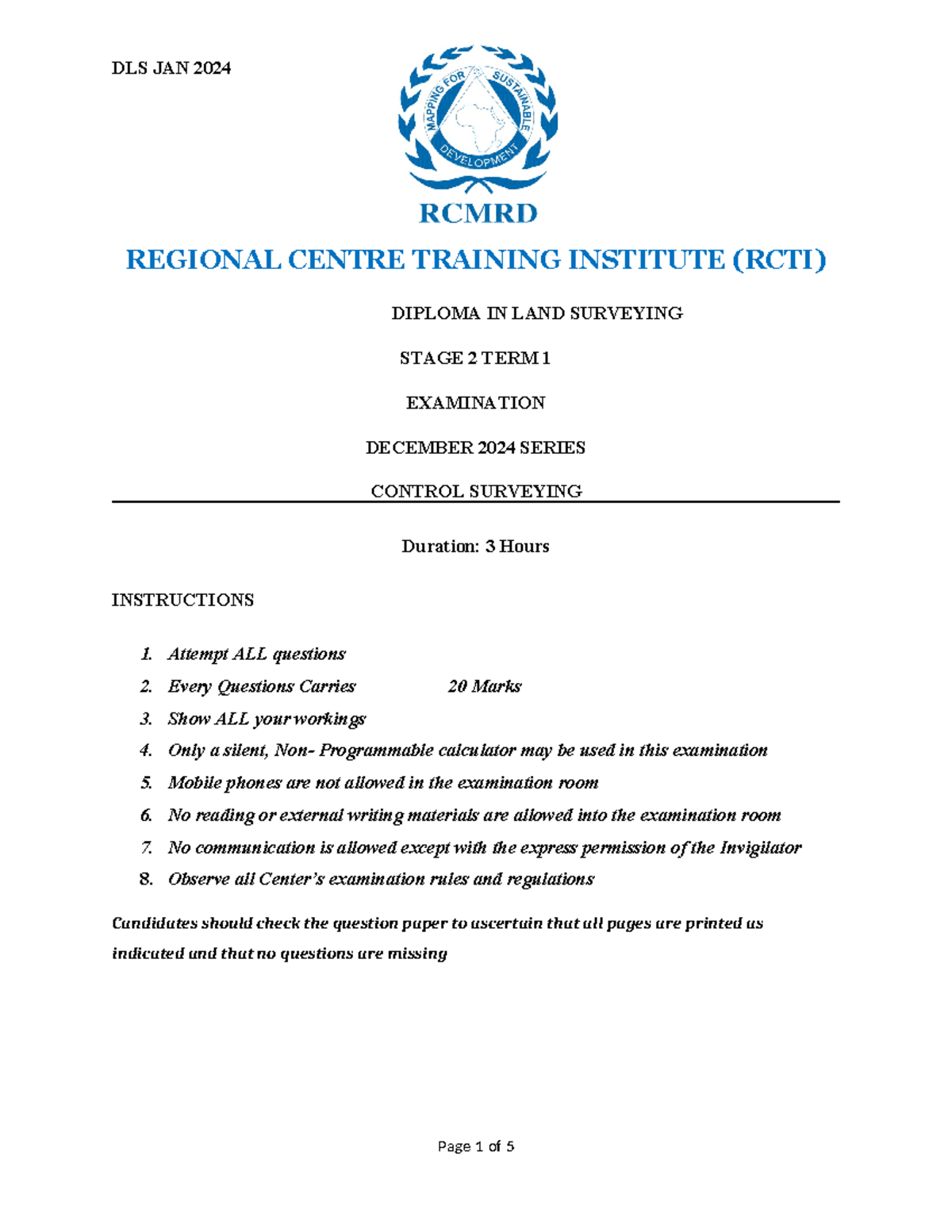 DLS 2024 Control Survey Supplementary Exam Instructions & Questions ...