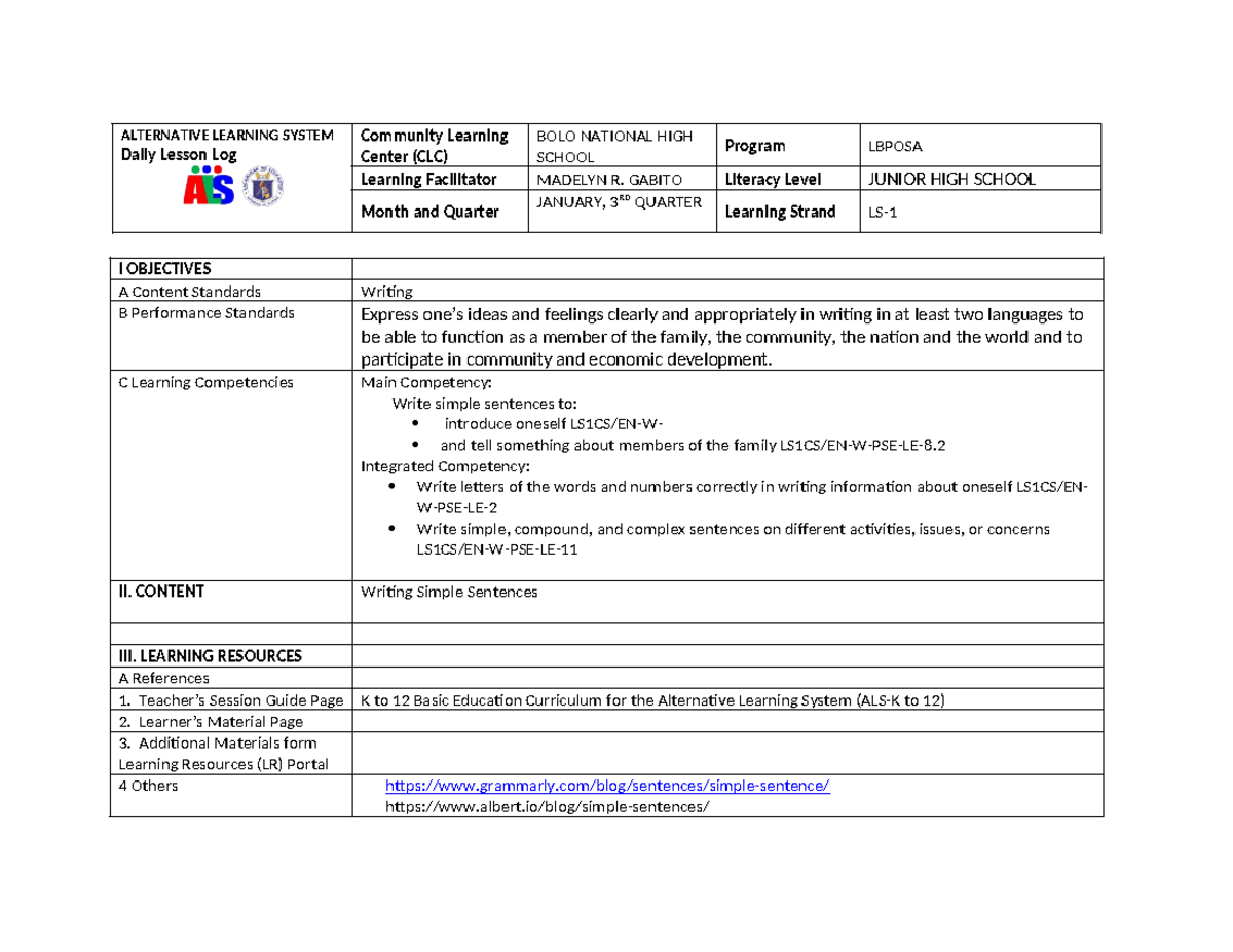 DLL-Template: Detailed Daily Lesson Log for Writing Simple Sentences ...