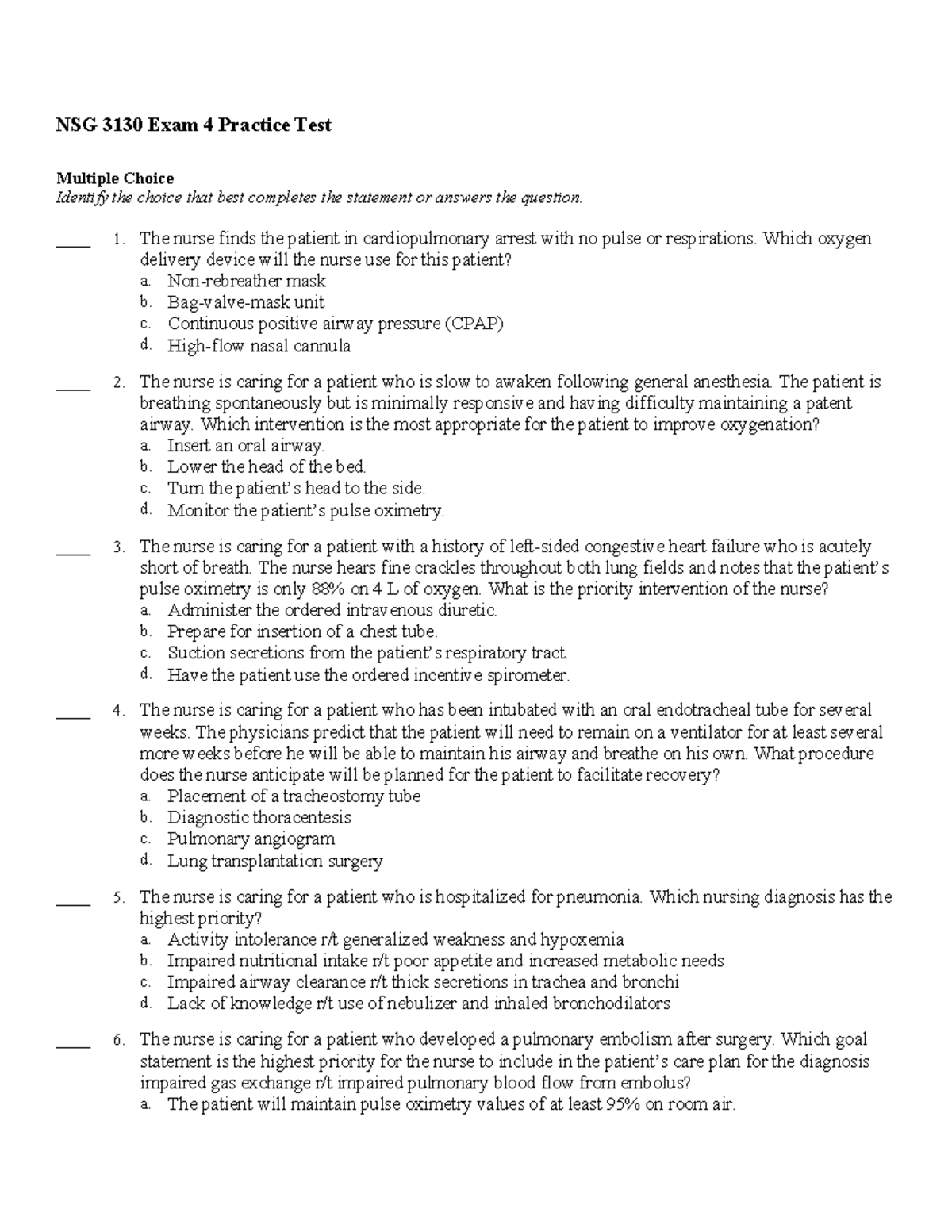 NSG 3130 Exam 4 Practice Questions for Nursing Students - Studocu