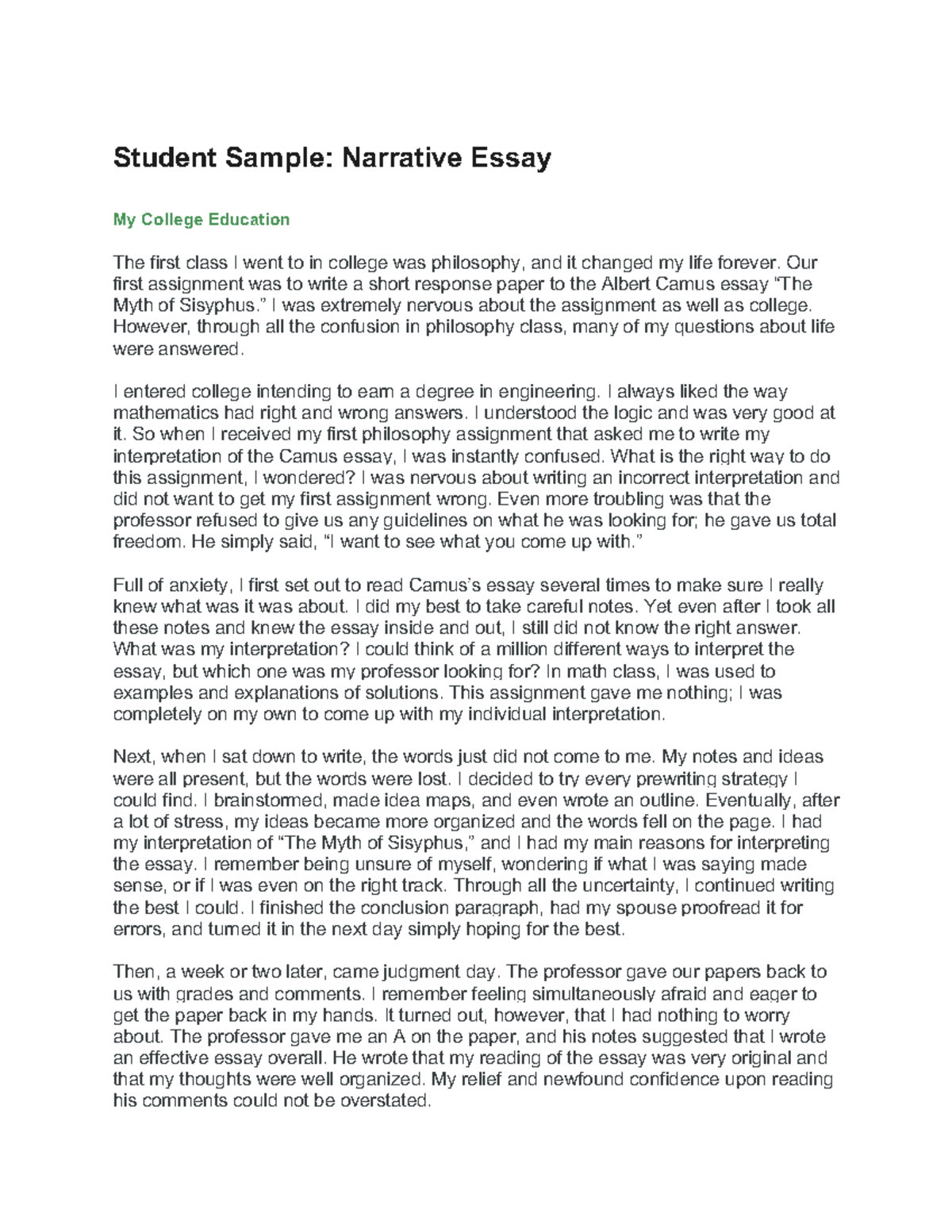Student Sample - lawjfe - Student Sample: Narrative Essay My College ...