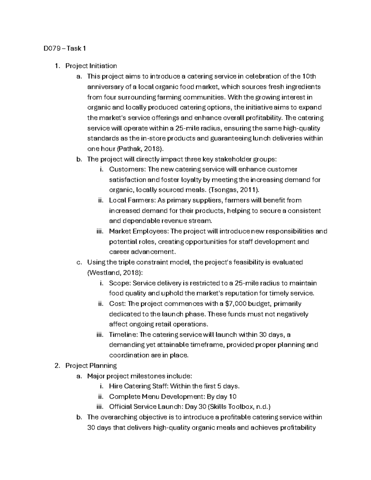D079 - Task 1 - Project Initiation and Planning for Catering Service ...