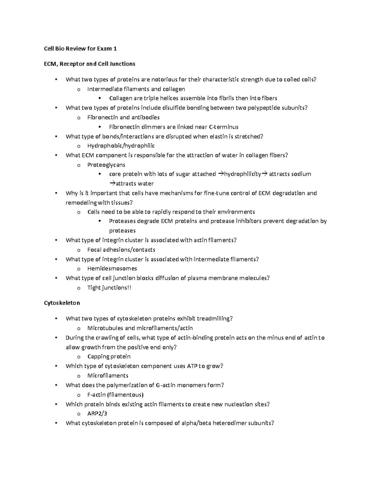 Cell Bio Exam 1 Study Guide: ECM, Cytoskeleton, Membranes, Nucleic ...