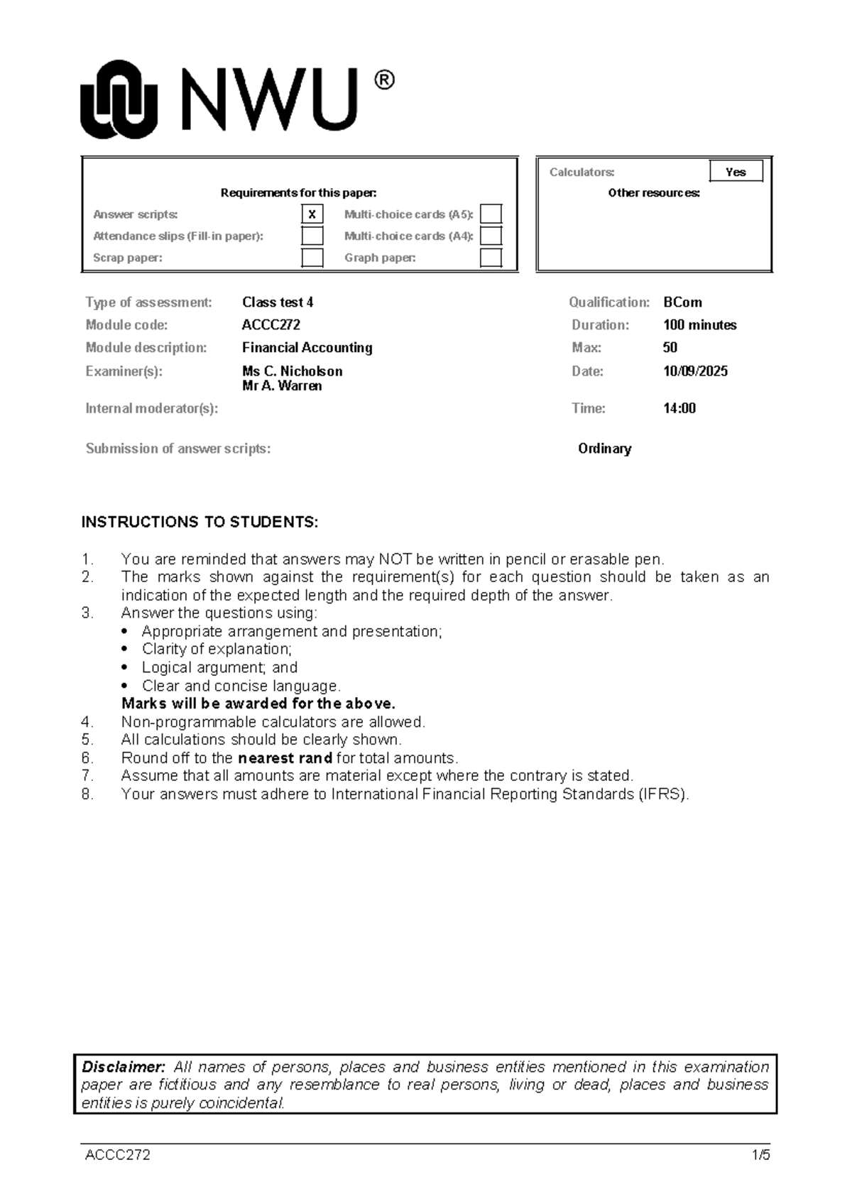 ACCC 272 Test 4: Financial Accounting Requirements and Instructions ...