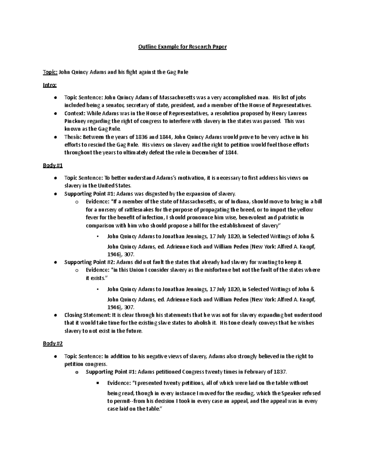 Sample Outline for Research Paper (002): John Quincy Adams & the Gag ...