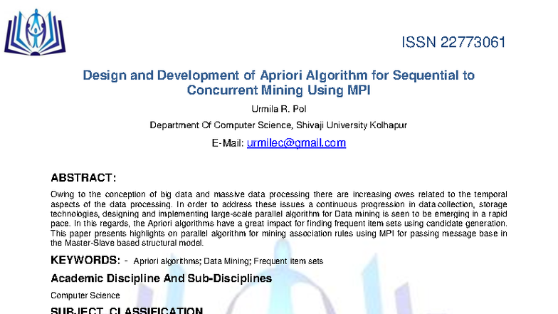 Design and Development of Apriori Algorithm for Data Mining (CS 101 ...