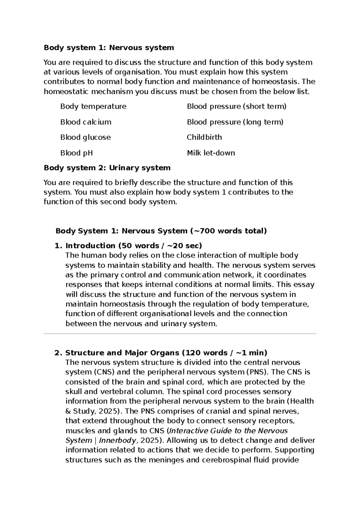 Body System 1: Nervous System and Its Role in Homeostasis (BIOL121 ...