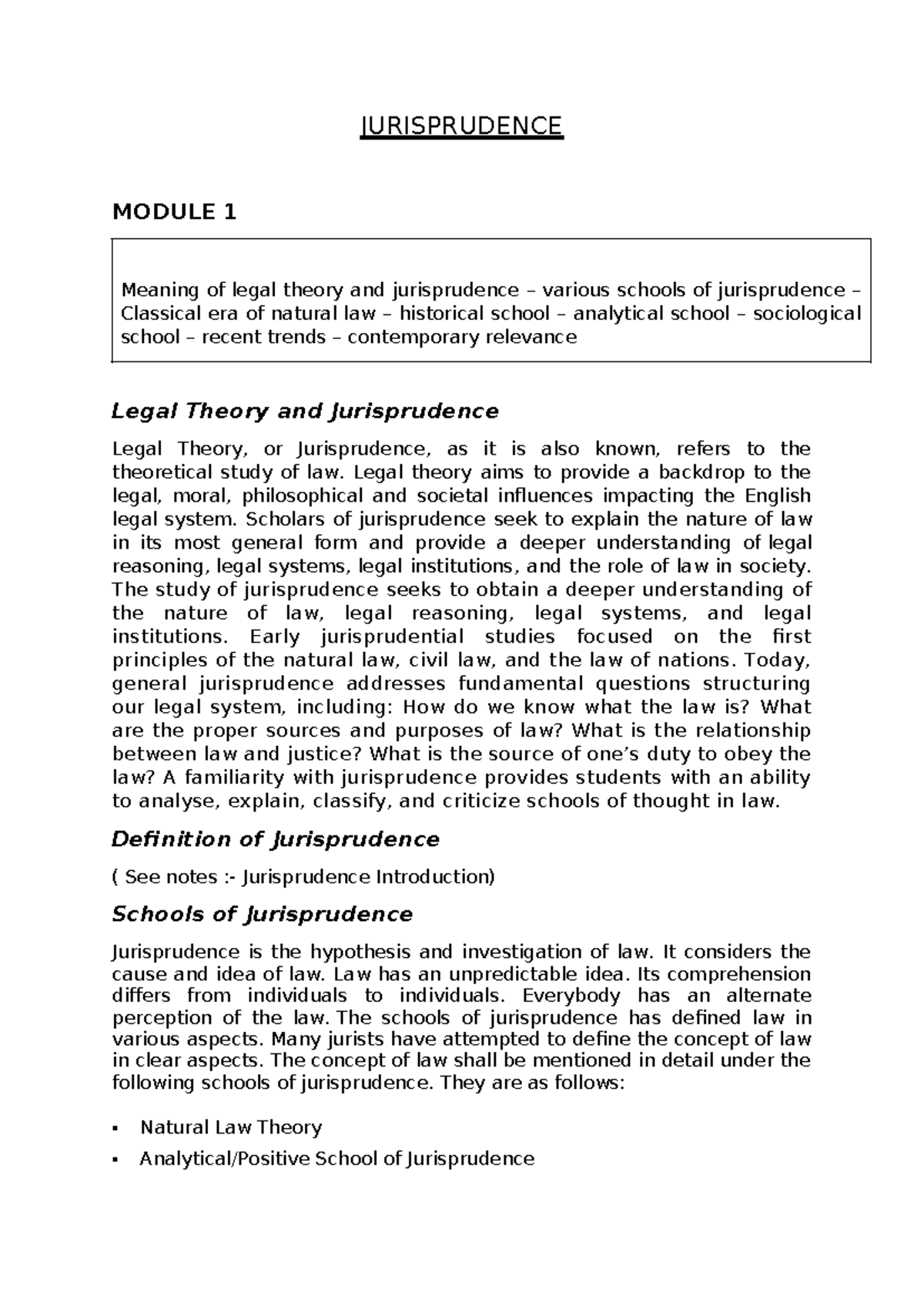 Jurisprudence Notes: Module 1 - Overview of Legal Theories and Schools ...