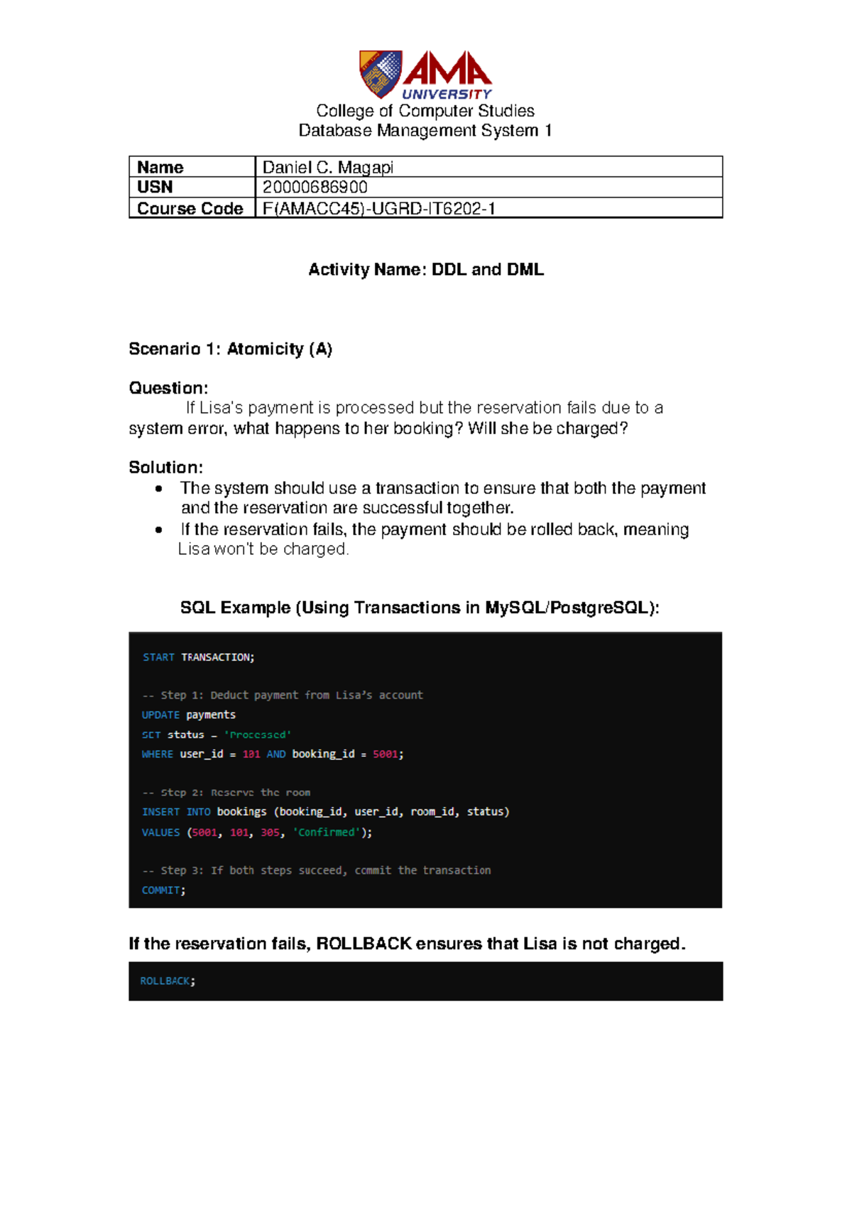 Magapi - DDL and DML - TO LEARN - Database Management System 1 Name ...