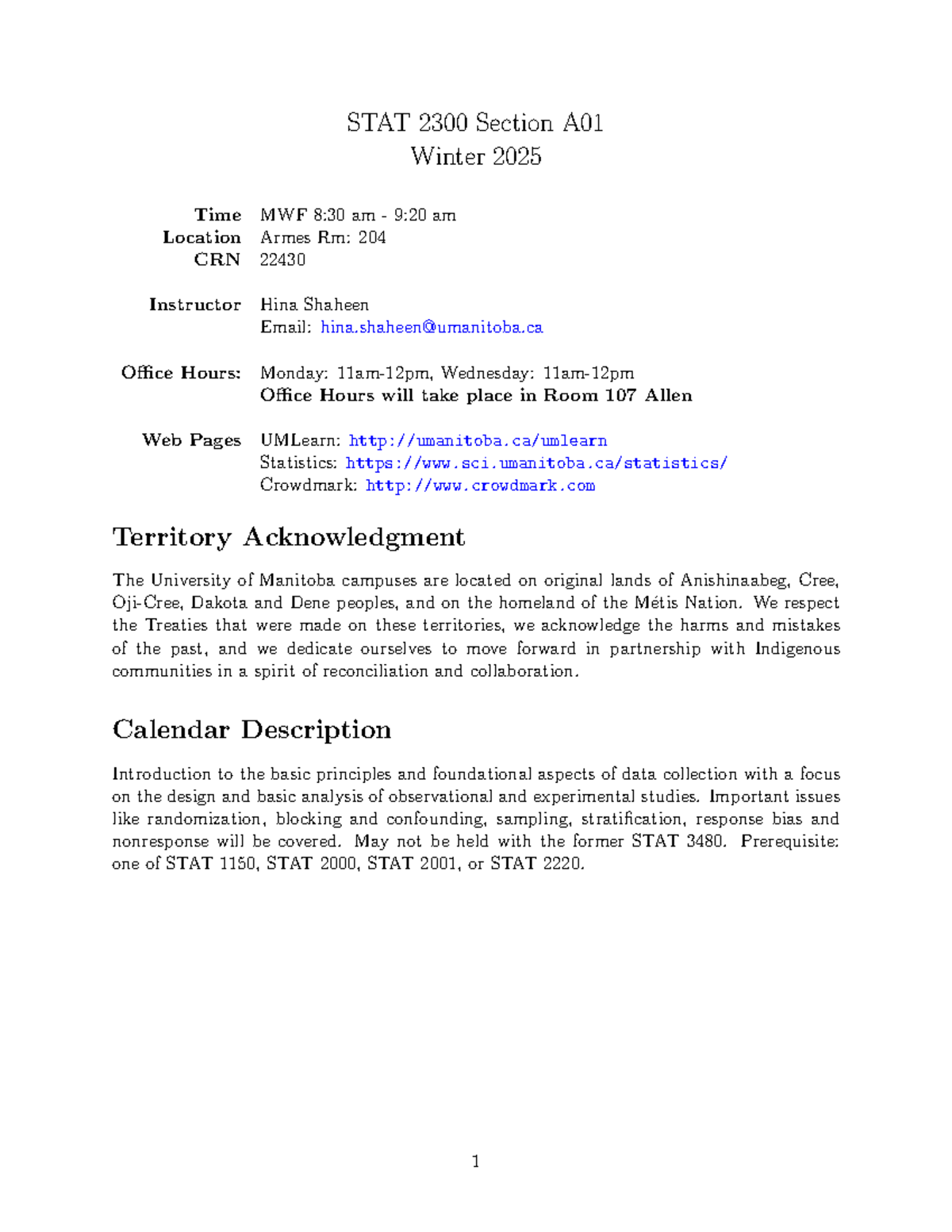 STAT 2300 A01 Winter 2025 Course Outline: Data Collection Principles ...